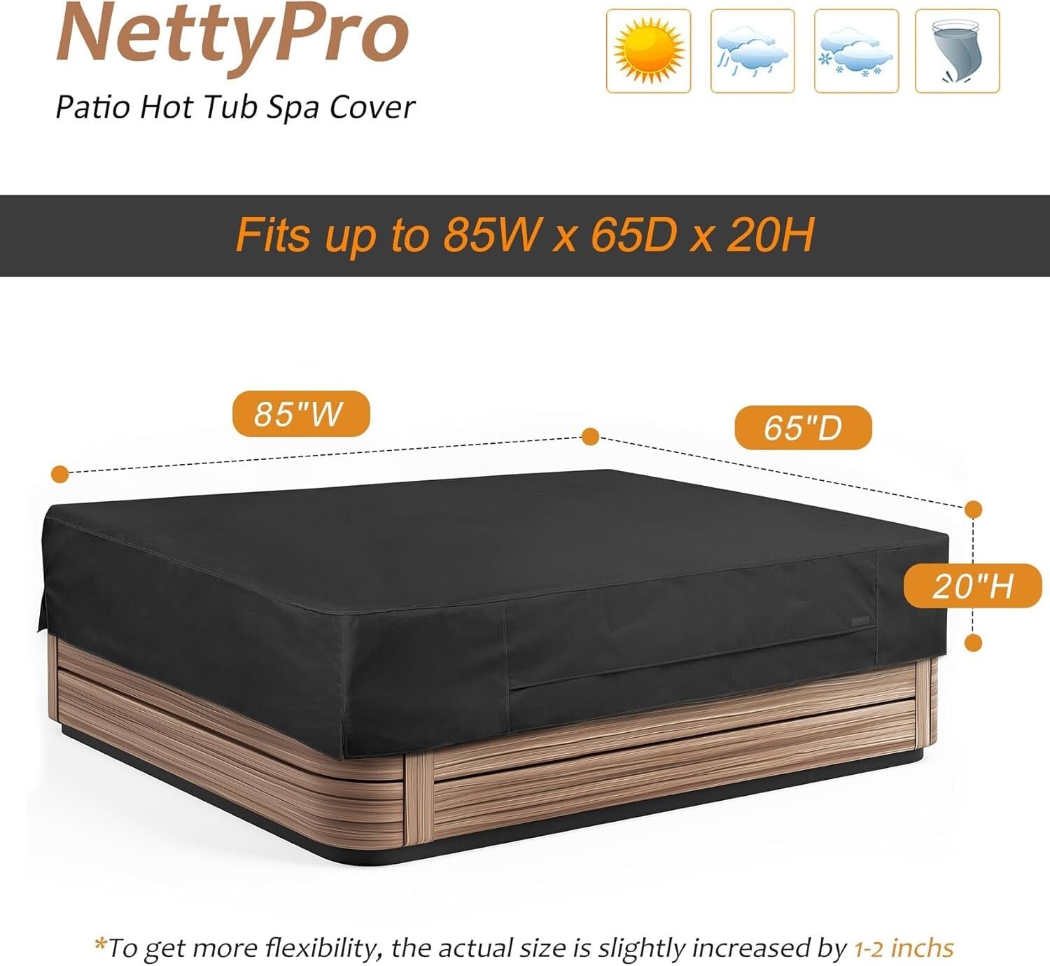 Adjustable Black Hot Tub Cover - Fade Resistant & Waterproof, Rectangular 86x67