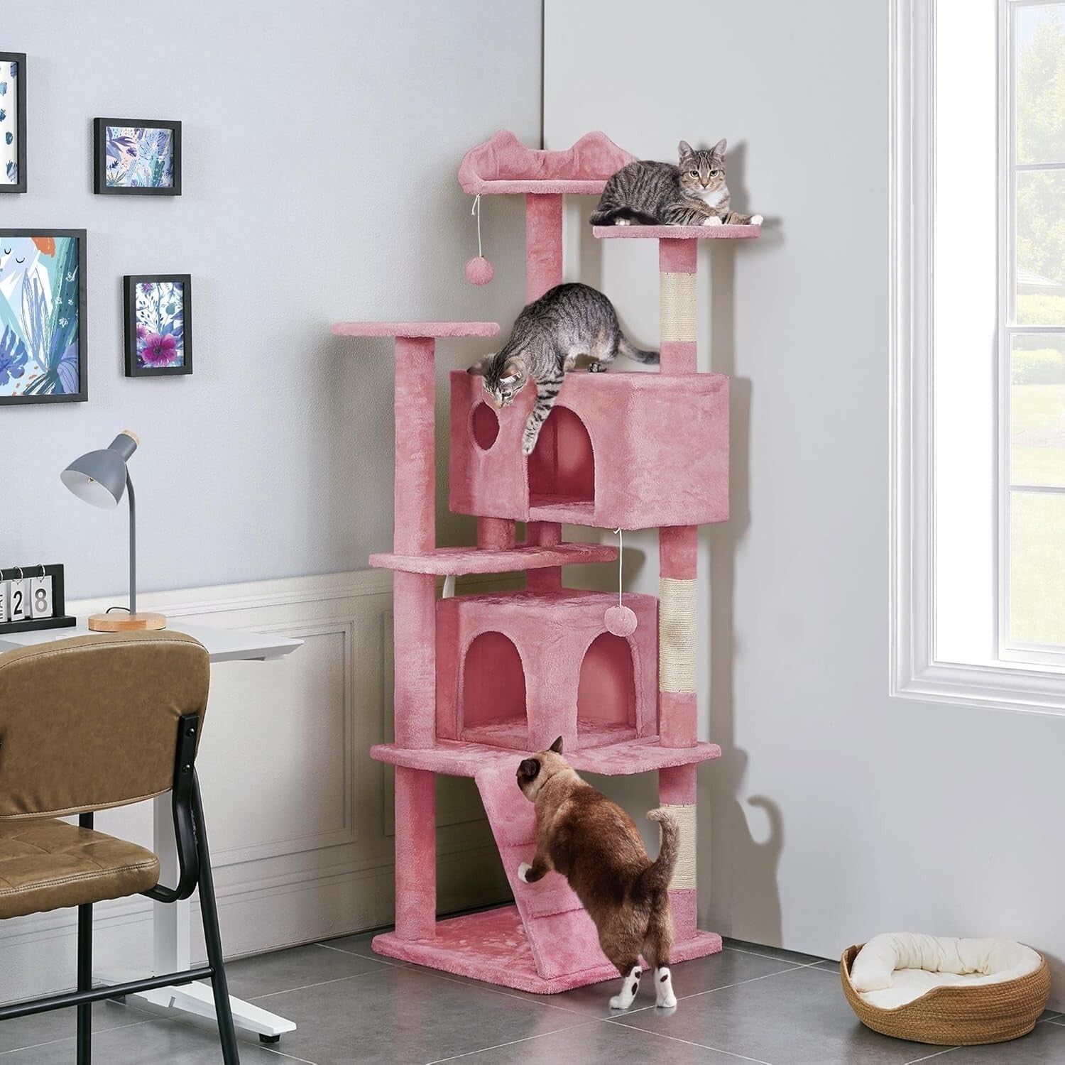 Stylish Multi-Level Cat Tree with Condos and Scratching Posts - 70in Pink
