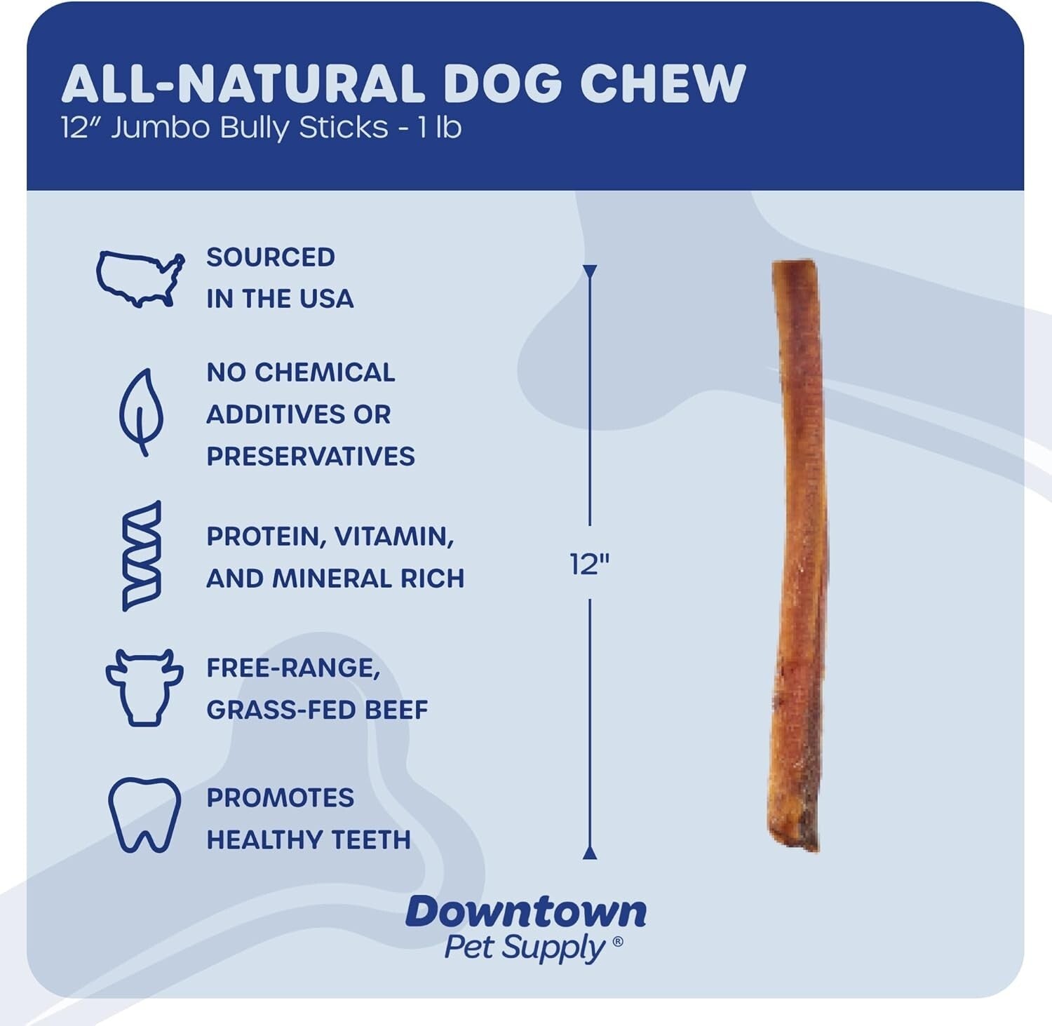 Natural 12 Inch Bully Stick Chews for Dogs - Grain-Free, Low Odor, 1 lb. Pack