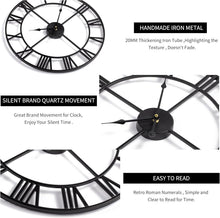 Load image into Gallery viewer, Large 24-Inch Silent Wall Clock - Rustic Round Metal Decor with Roman Numerals