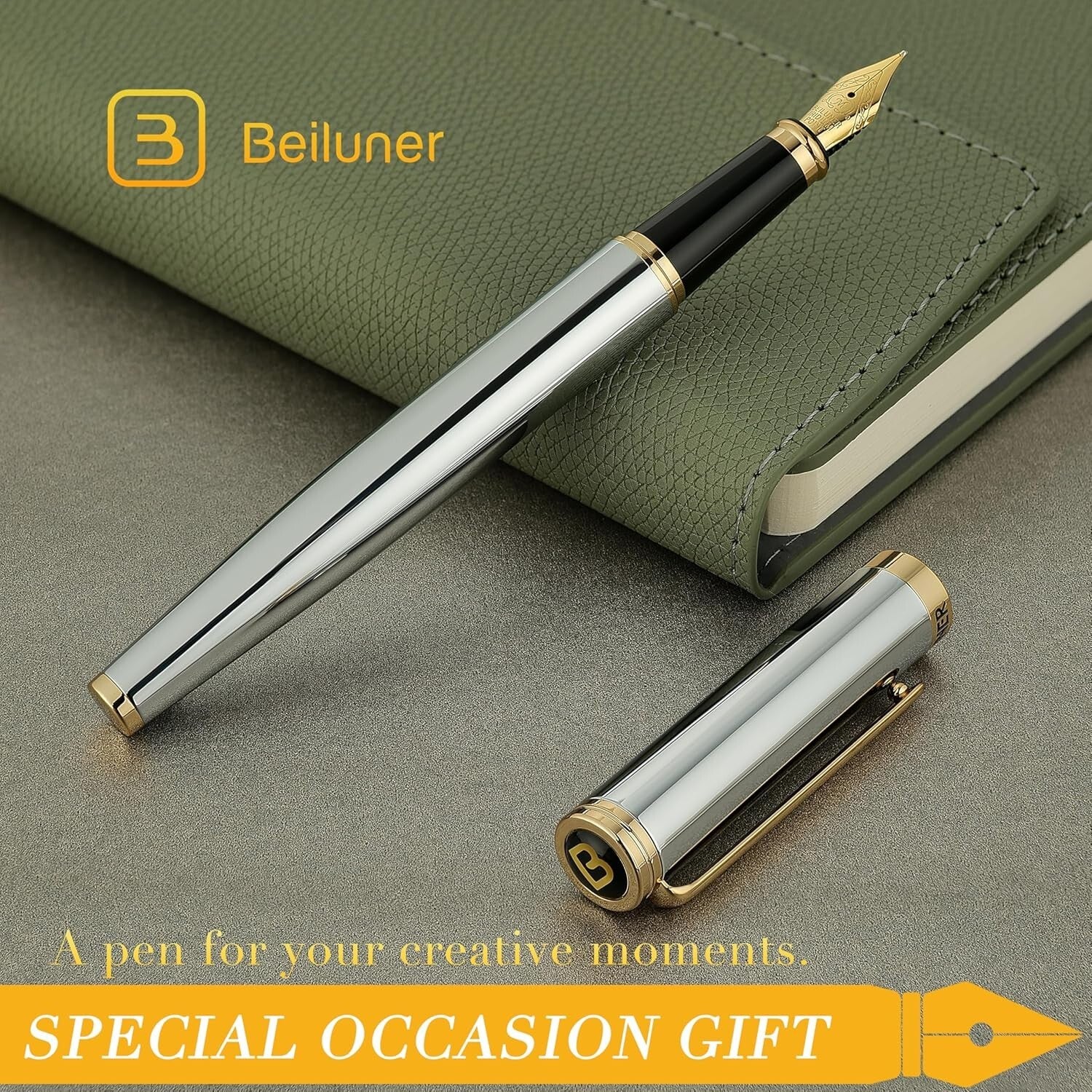 Elegant Silver Chrome Fountain Pen with Gilded Nib - Complete Set Included
