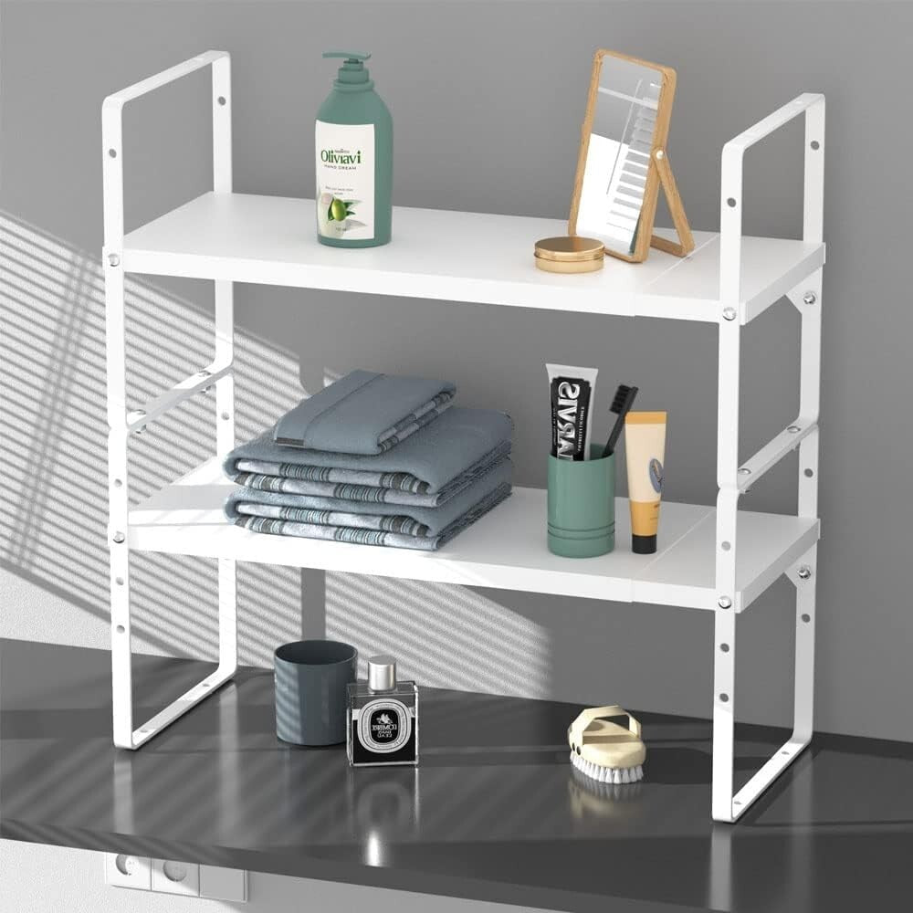 Durable Adjustable Kitchen & Bathroom Shelf Rack - Expandable 2-Tier Organizer