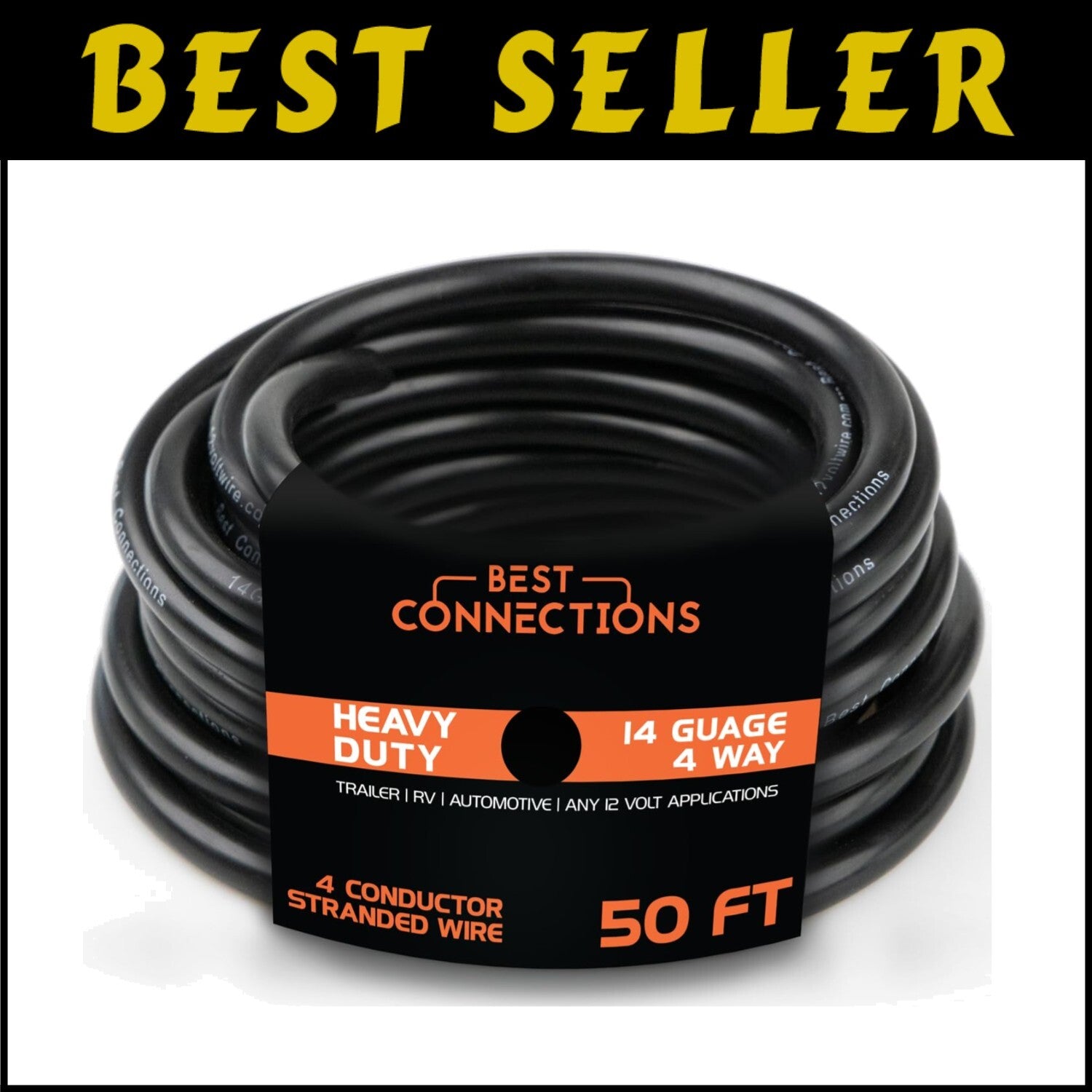 50 Feet 14 Gauge Heavy Duty 4 Way Trailer Wire - Color-Coded & Weatherproof