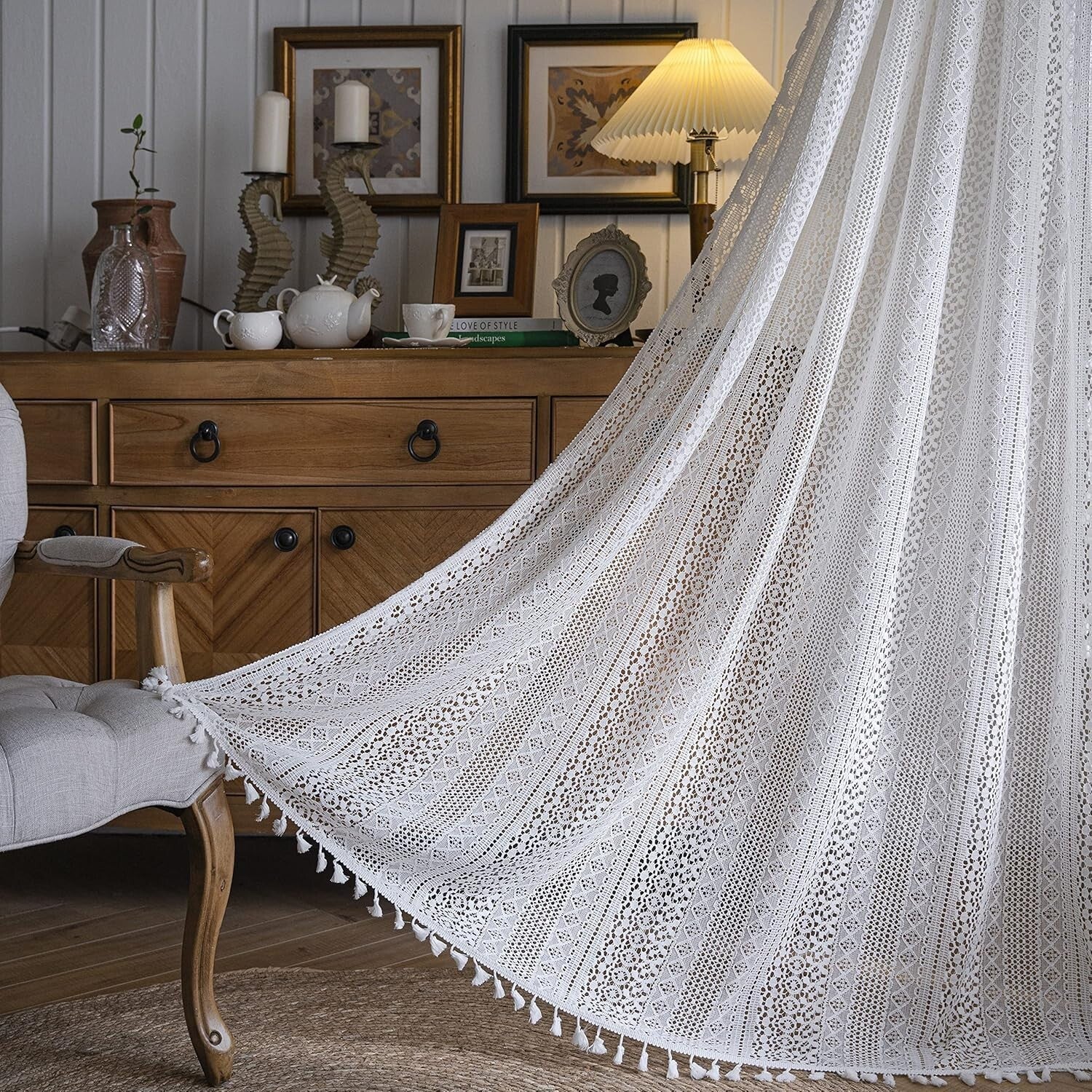 84 Inch Victorian Cotton Lace Curtains - Semi-Sheer Antique Drapes Set of 2