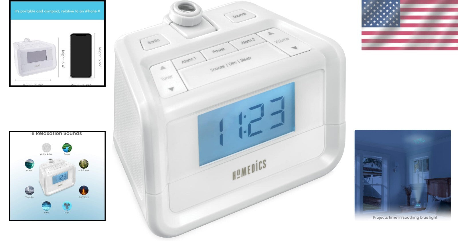 Dual Alarm Digital FM Clock Radio with LED Projection and White Noise Machine