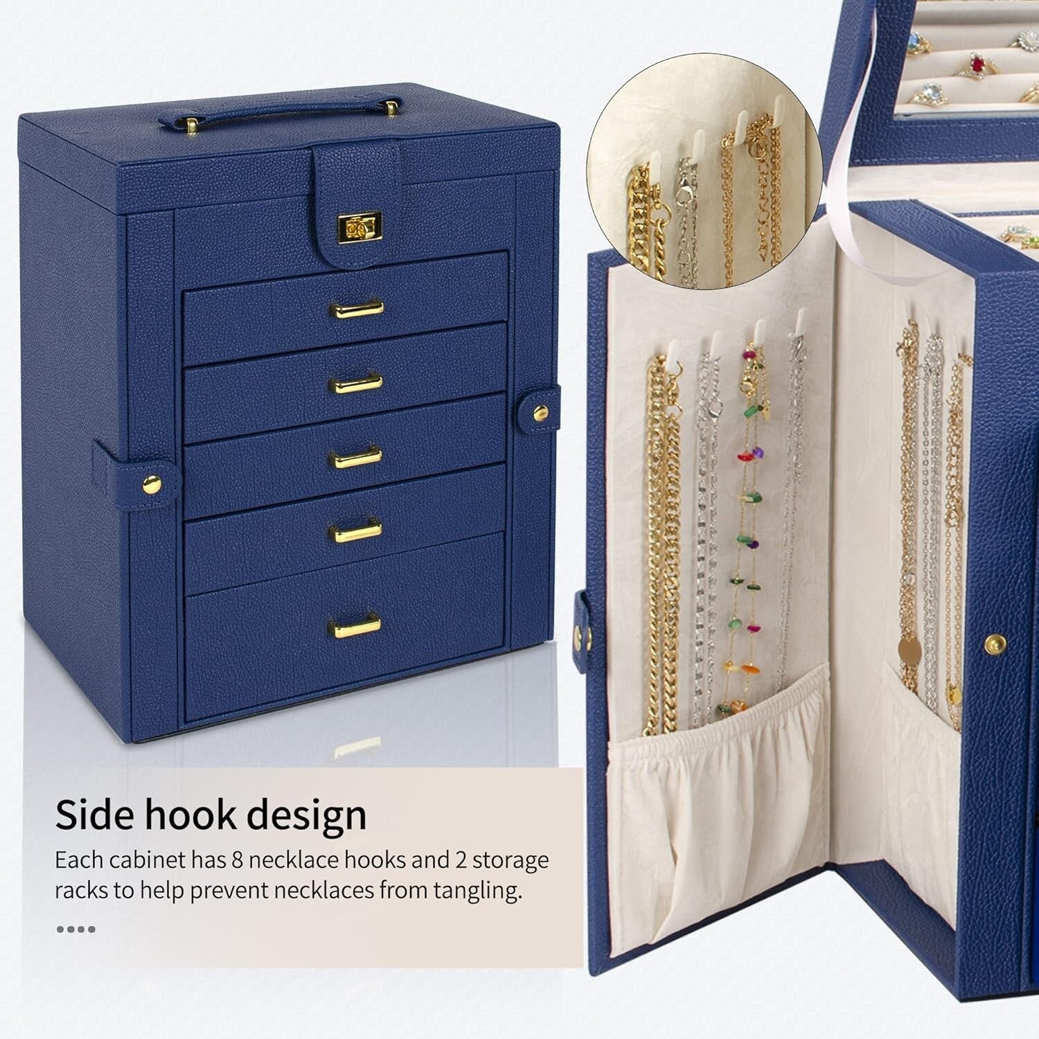 Elegant Lockable Jewelry Organizer with Large Mirror & 6 Drawer Storage - Blue