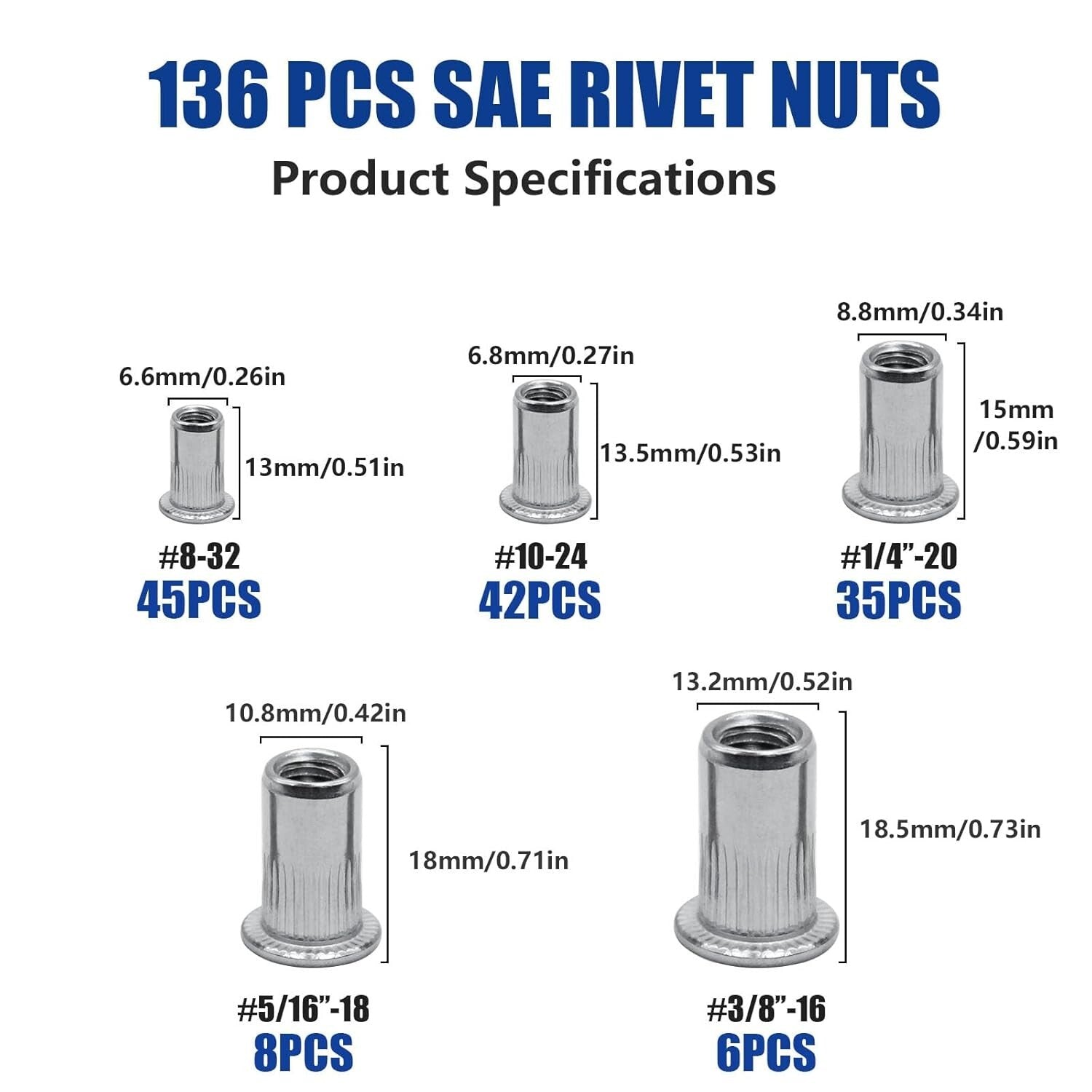 Durable Metric & SAE Rivet Nut Kit - 380pcs with Labelled Storage for Easy Use