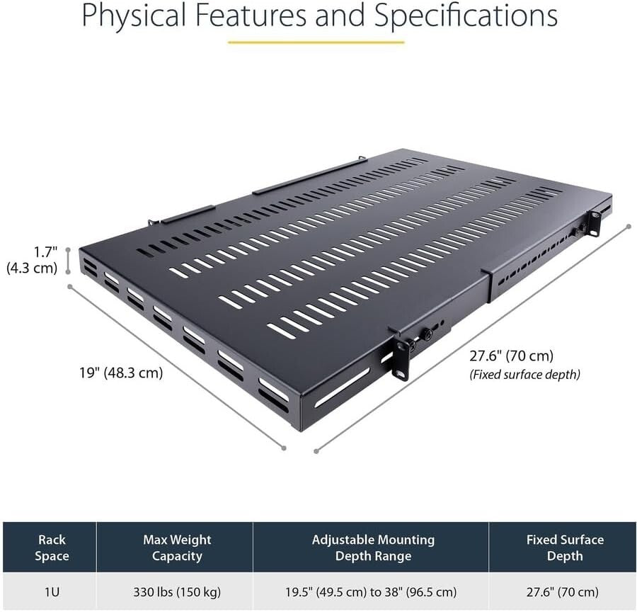 Universal 19” Rack Mount Shelf with Adjustable Depth - Durable 330lbs Support