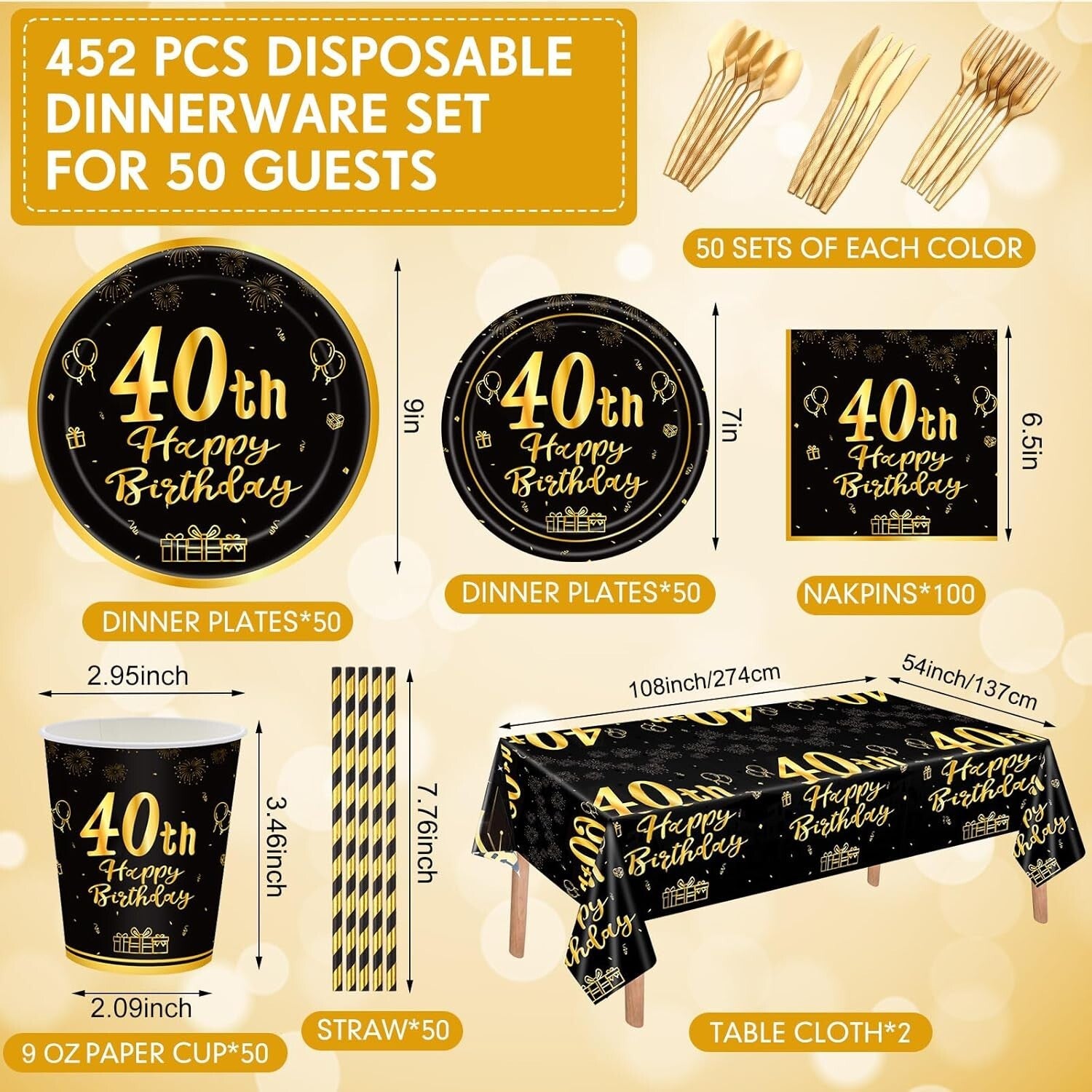 452 Pcs Black and Gold 40th Birthday Party Supplies - Classy Disposable Set