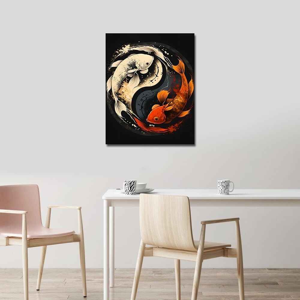 Koi Fish Paint by Numbers Kit - 16x20 Inch Framed Yin Yang Design for Beginners