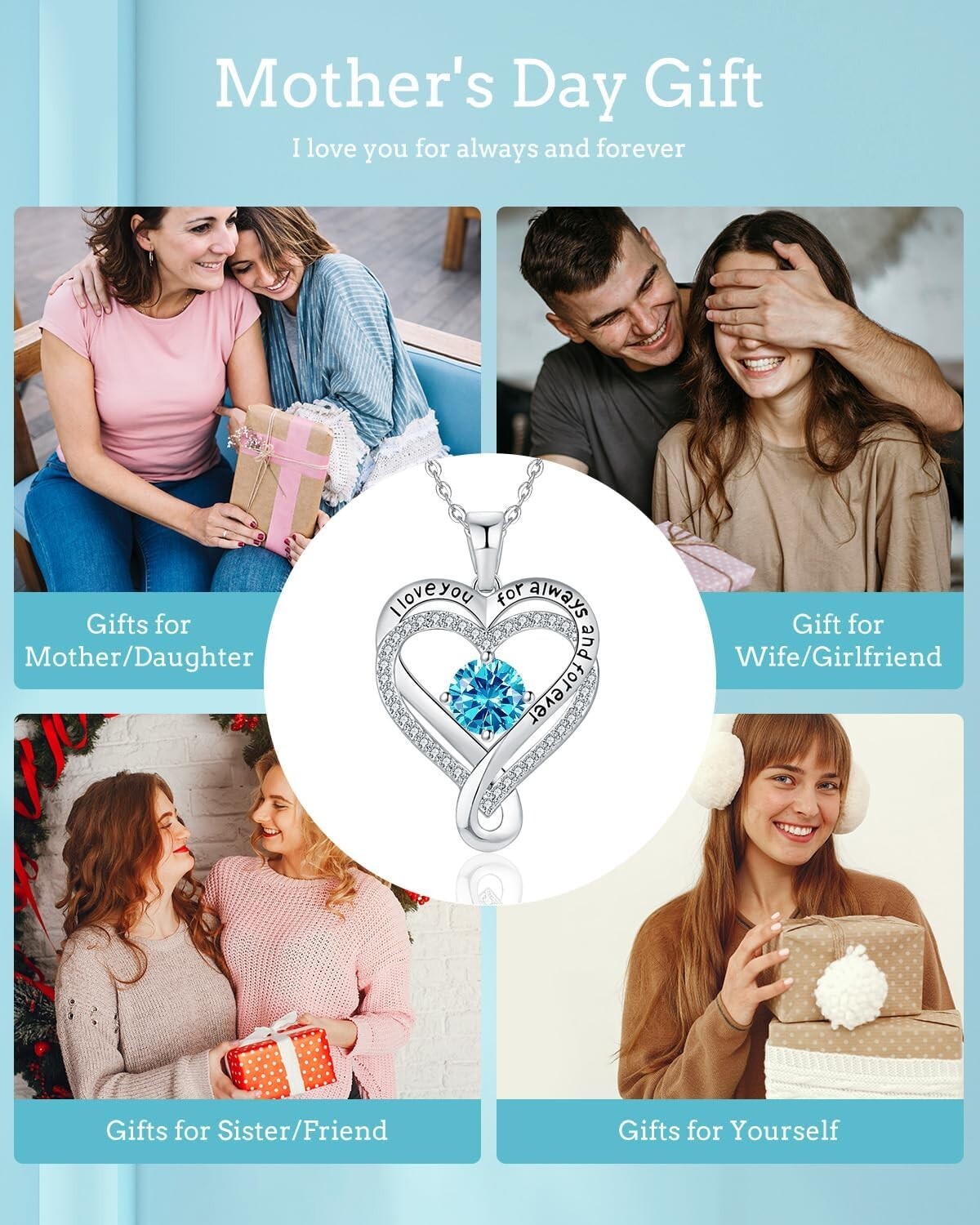 Engraved 'I Love You Forever' Necklace with Cubic Zirconia & Birthstones for Her
