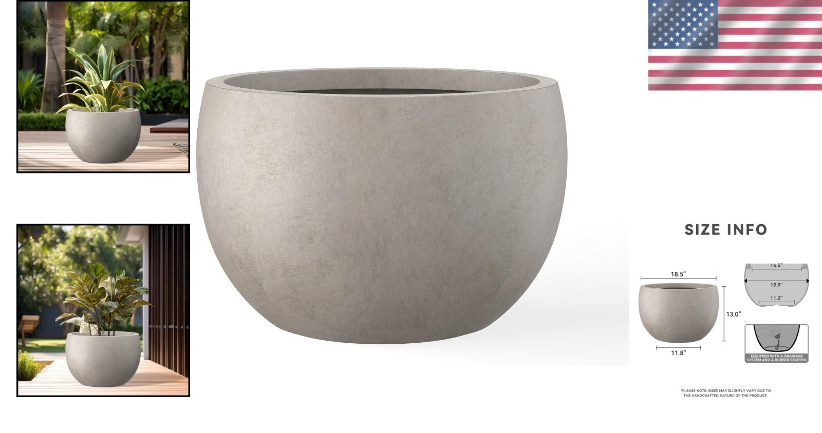 19.9" Weathered Concrete Planter with Drainage - Stylish Indoor/Outdoor Bowl Pot