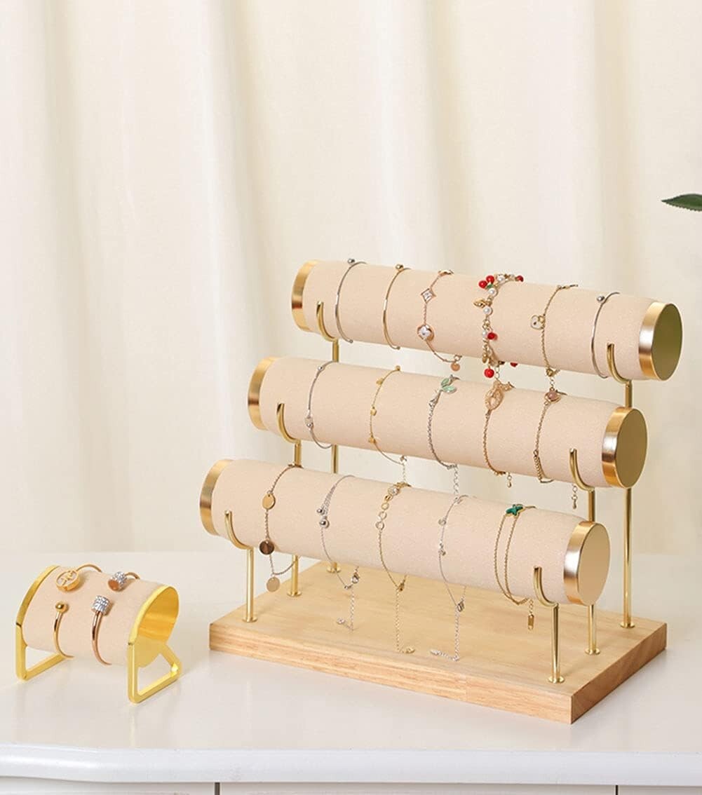 Chic Beige Velvet Bracelet Stand - Three-Tier Jewelry Display with Gold Accents