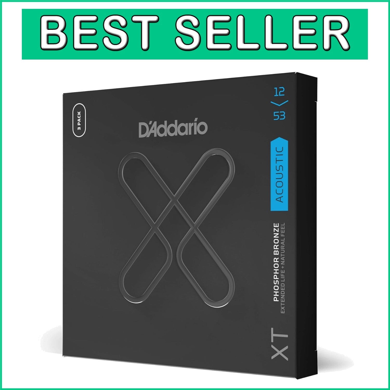 Extended Life Phosphor Bronze Strings for Acoustic Guitar - 12-53 Light, 3-Pack