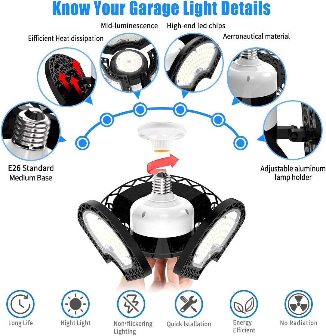 Energy-Efficient 80W LED Garage Light - 3 Adjustable Panels, 12000 Lumens