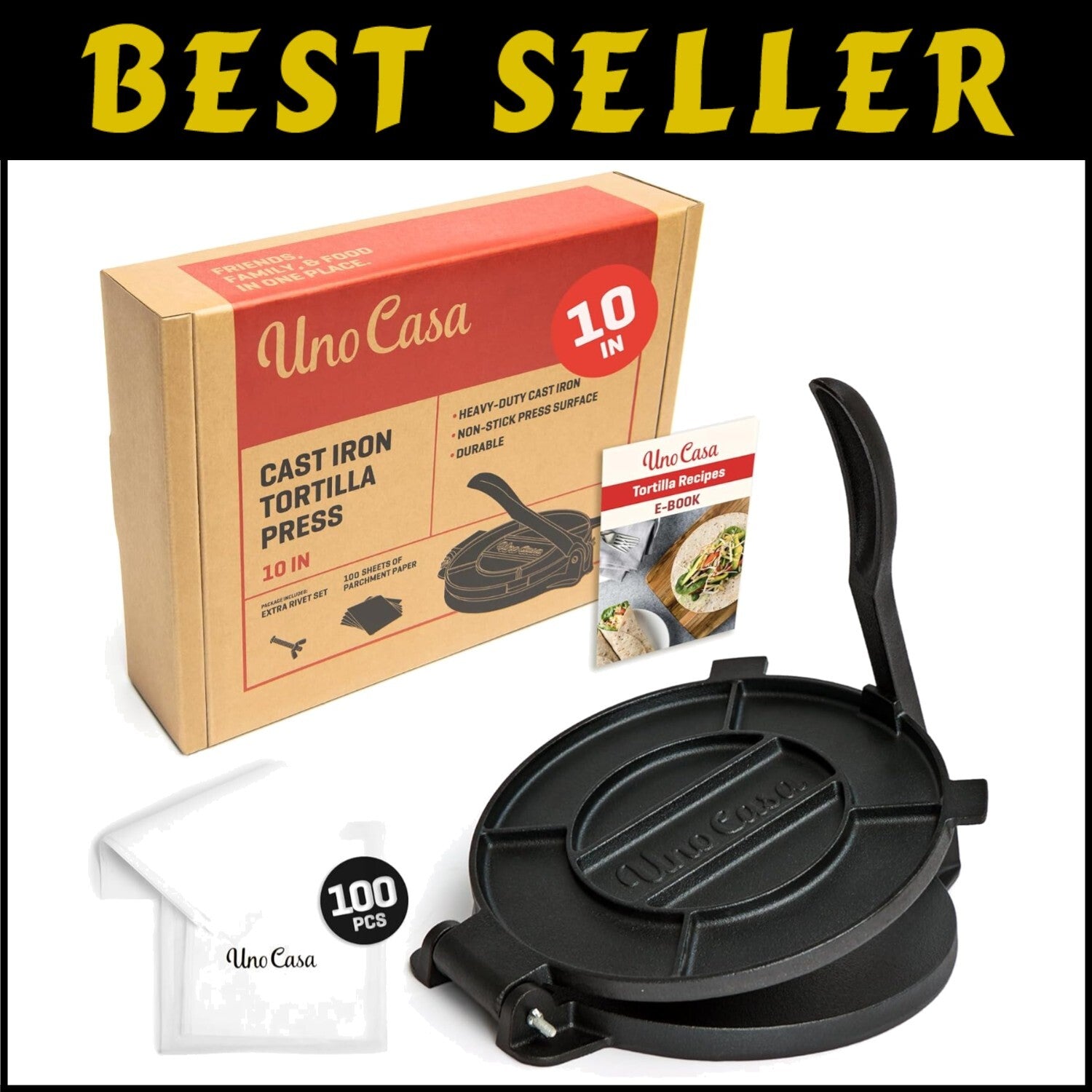 Heavy-Duty 10-Inch Tortilla Maker with Bonus Parchment Paper & Recipe E-Book