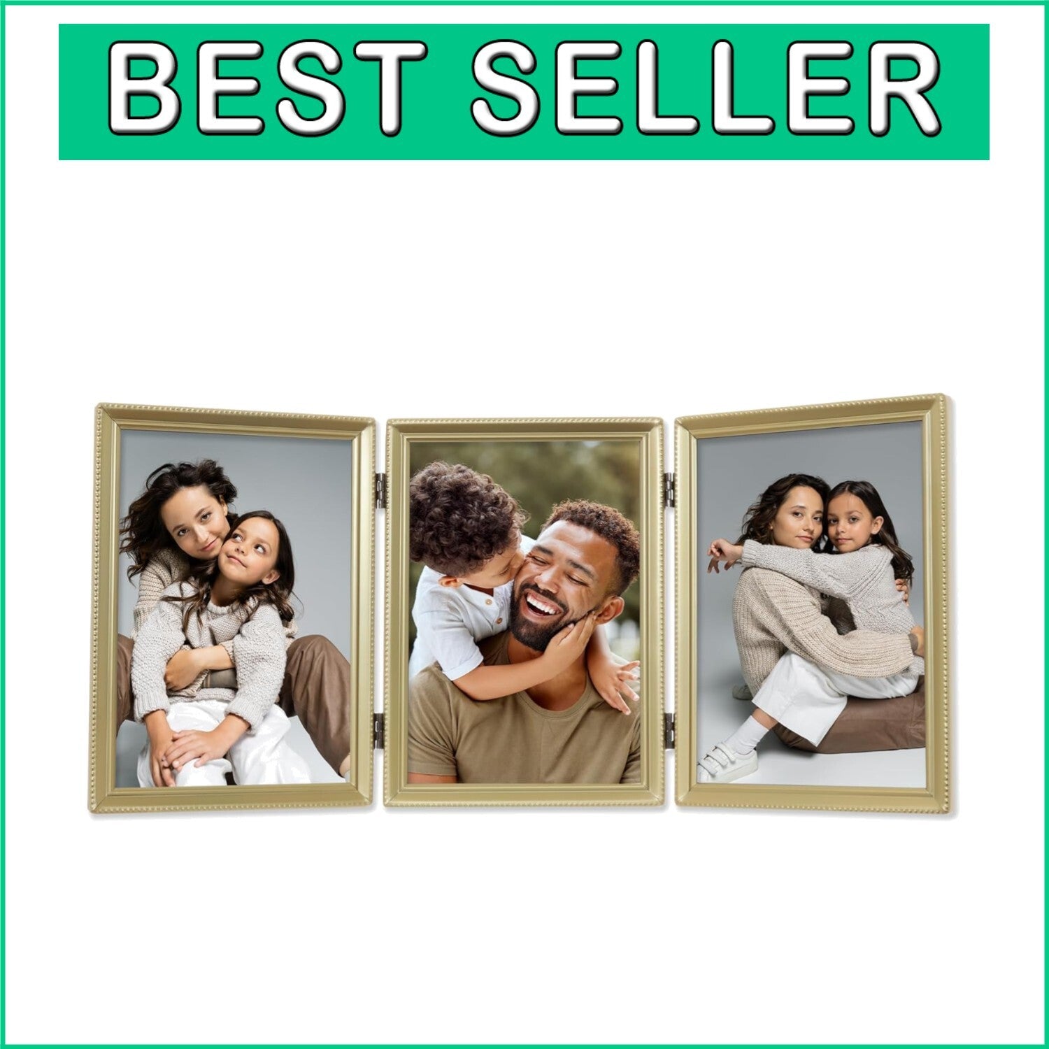 Elegant 5x7 Triple Photo Frame in Antique Satin Gold with Beaded Border