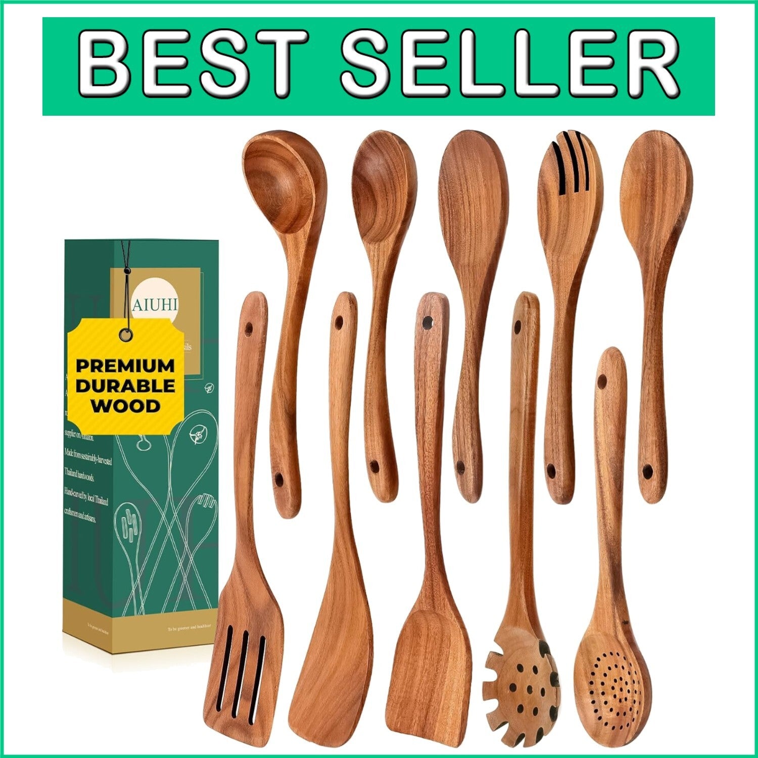 10-Piece Stylish Teak Cooking Utensils Set - Non-Stick Safe & Durable