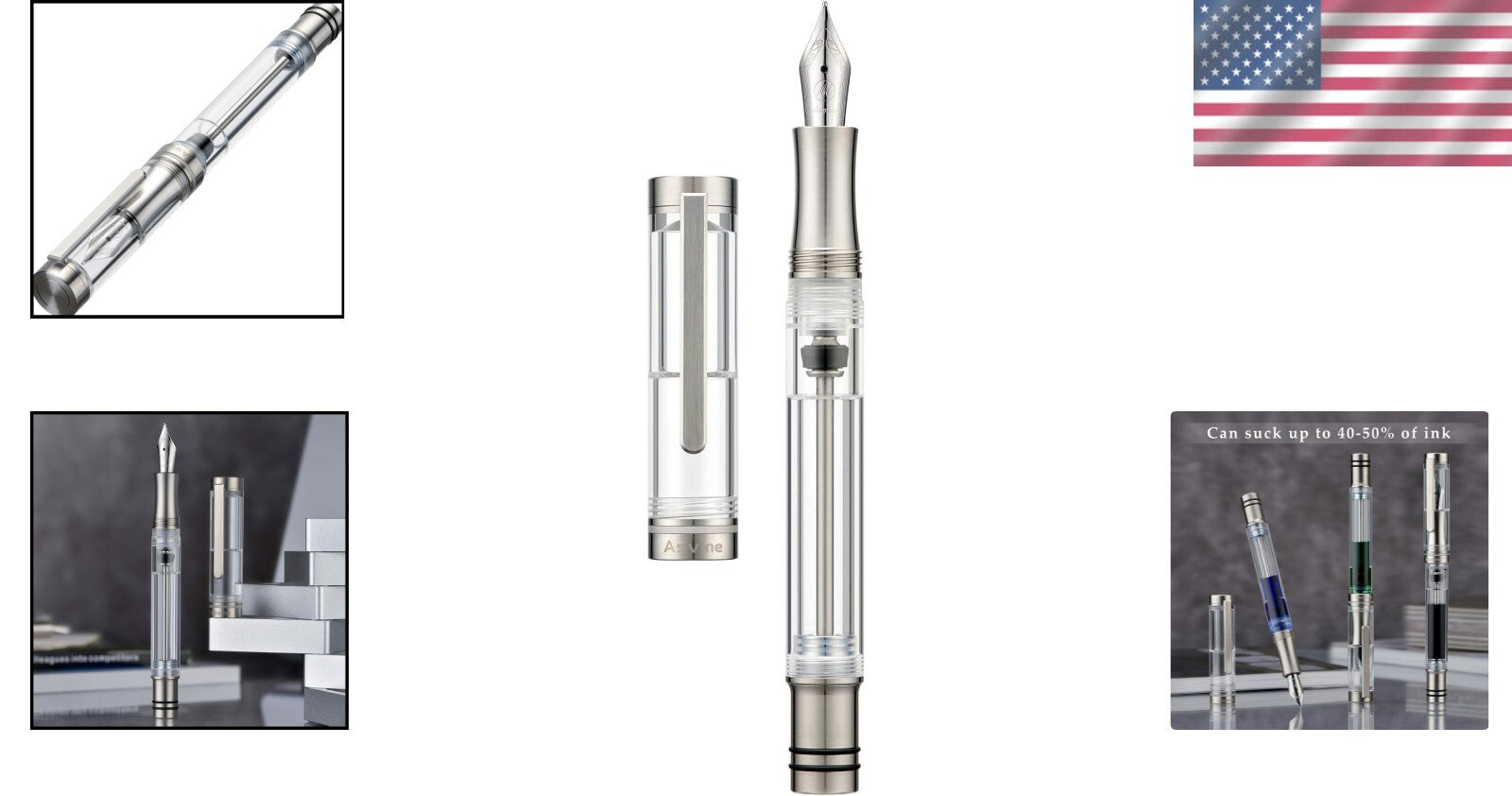 Elegant Clear Acrylic and Titanium Fountain Pen with Extra Fine Writing Tip