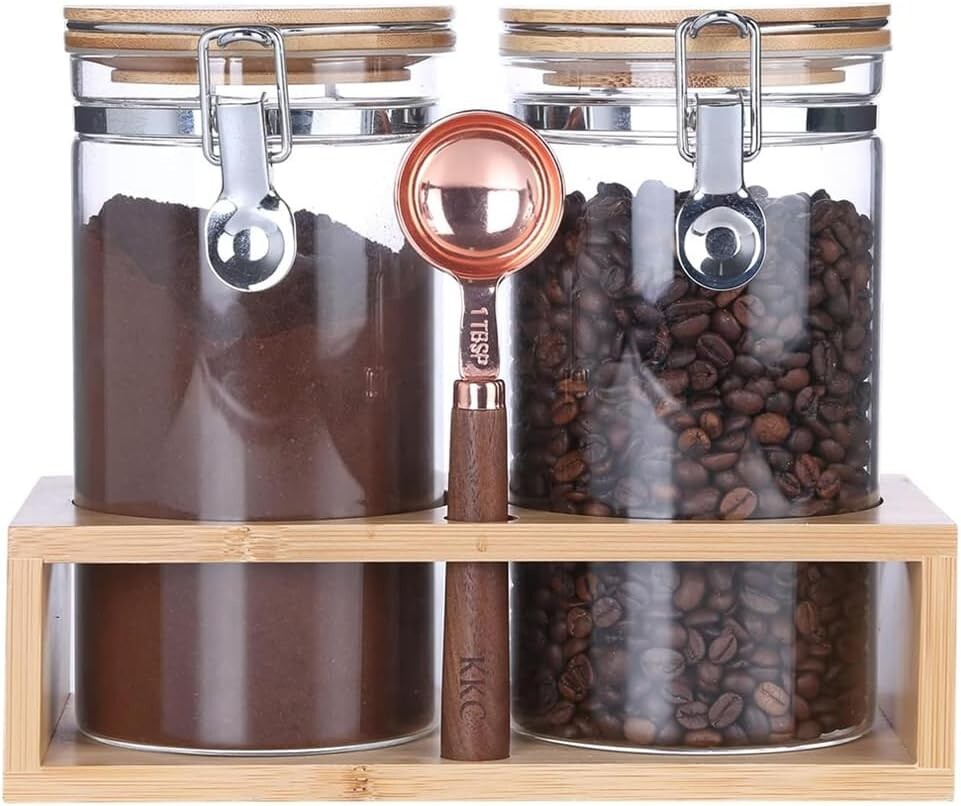 Bamboo Lidded Glass Canisters - Keep Coffee Beans Fresh & Stylishly Organized