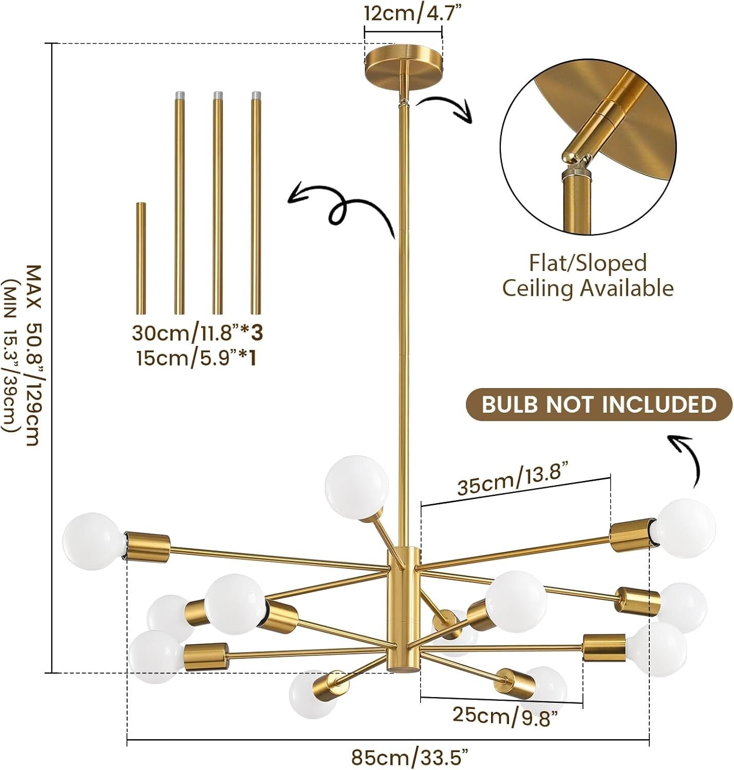 Adjustable Height Gold Chandelier - 12-Light Ceiling Fixture for Modern Homes