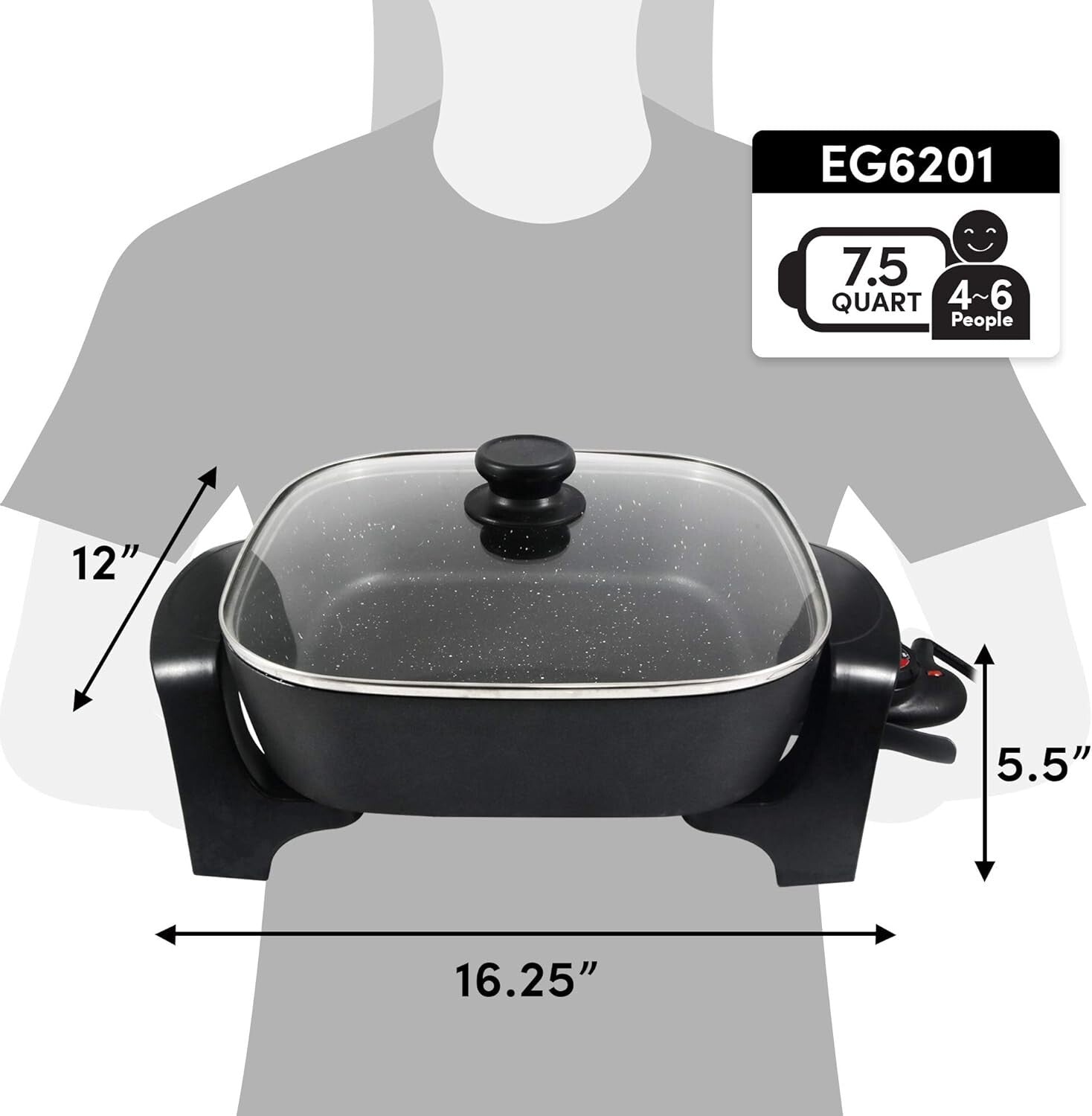Family-Sized 7.5Qt Electric Skillet - 12" Deep Non-Stick with Tempered Glass Lid