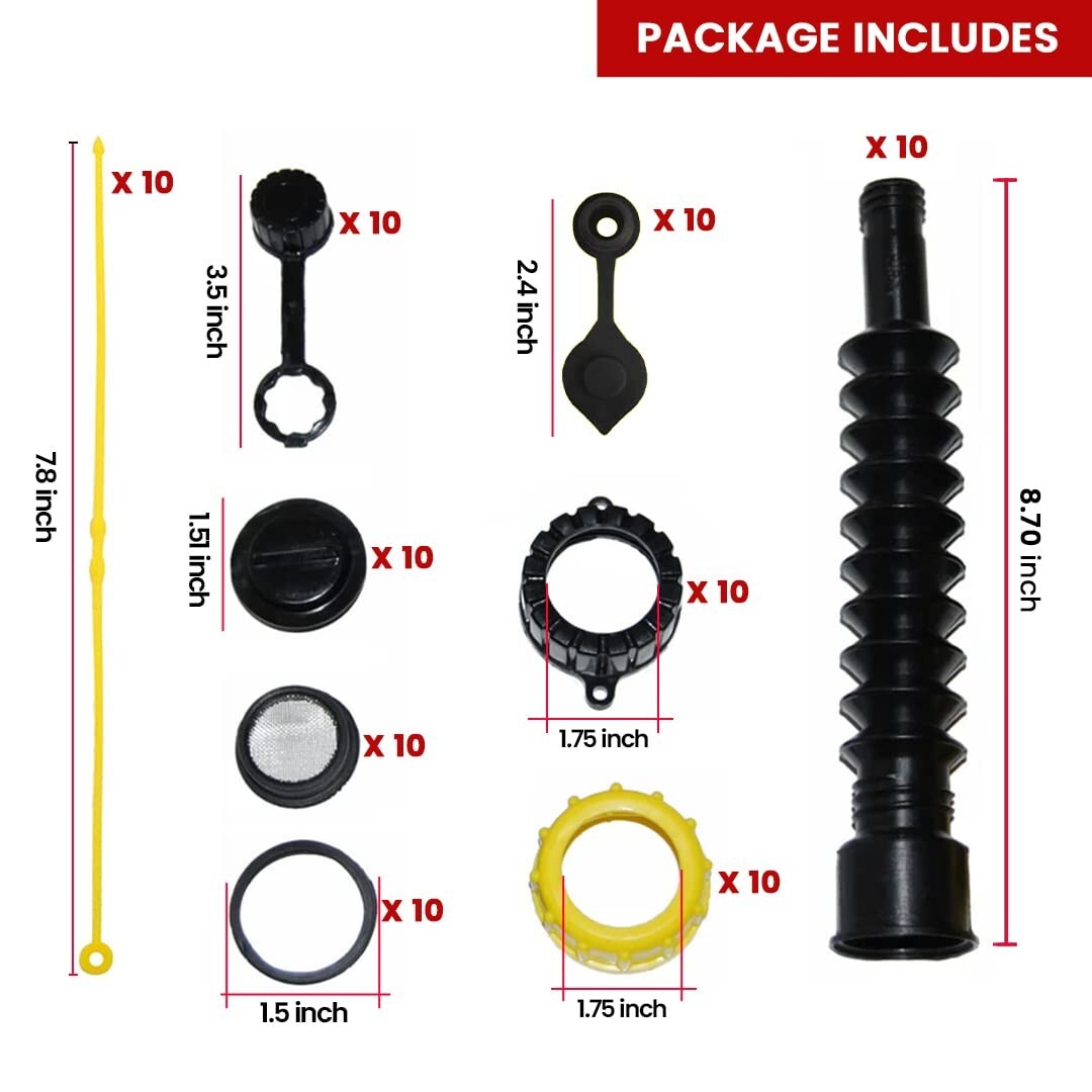10-Pack Flexible Gas Can Spout Replacement Kit with Screw Collar Caps & Filter