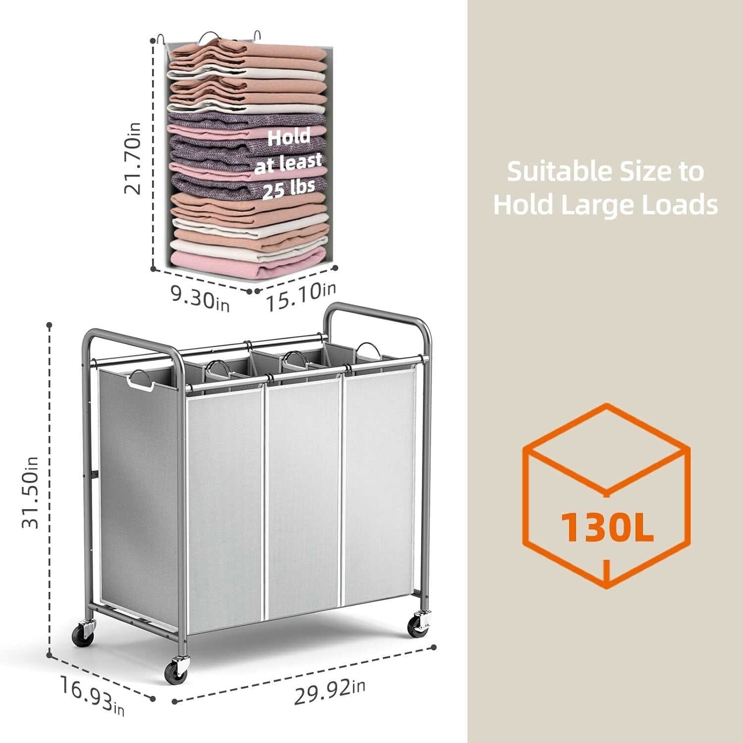 Gray Laundry Hamper on Wheels - 3 Compartments & Removable Bags for Easy Sorting