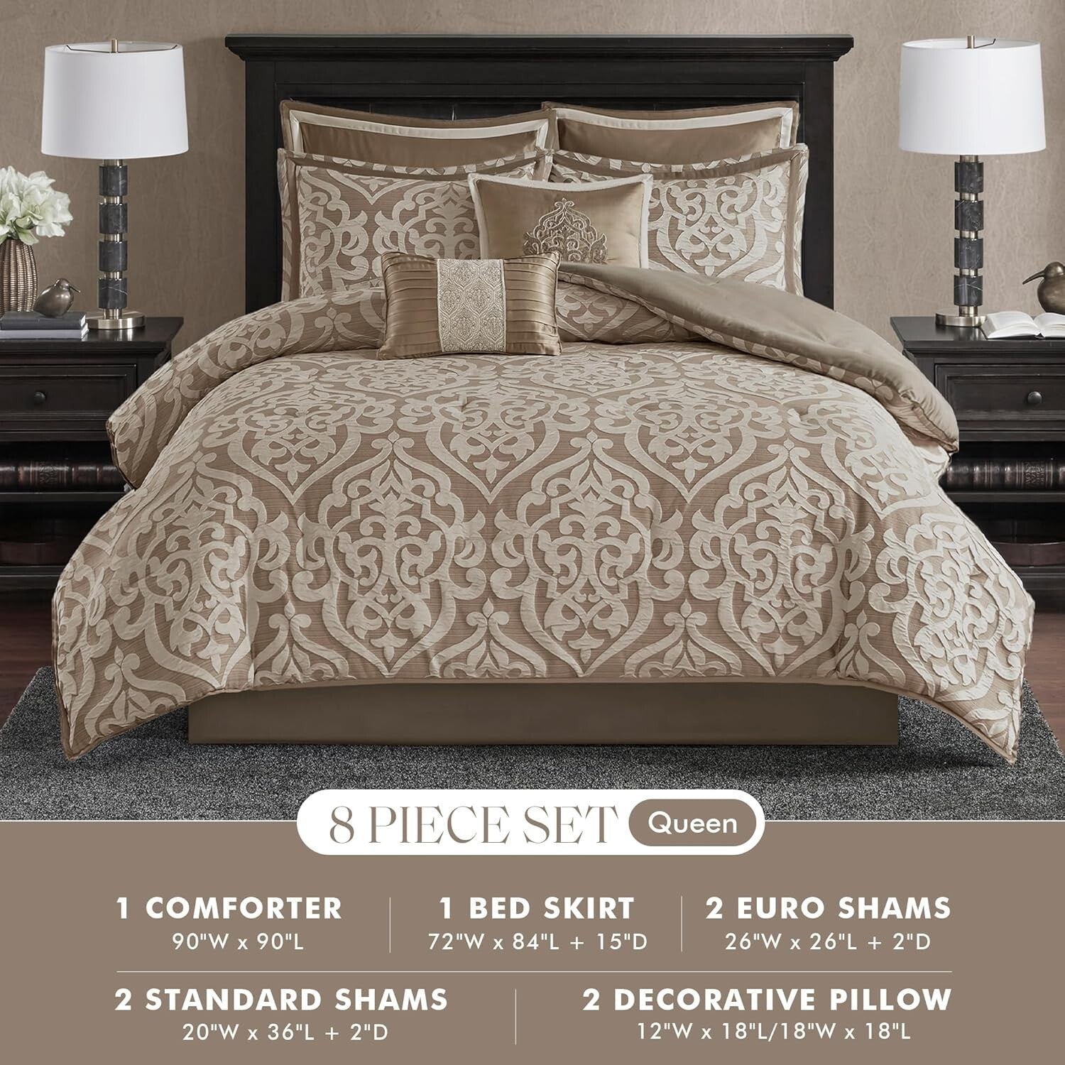 Odette 8-Piece Tan Comforter Set - Jacquard Fabric with Decorative Pillows
