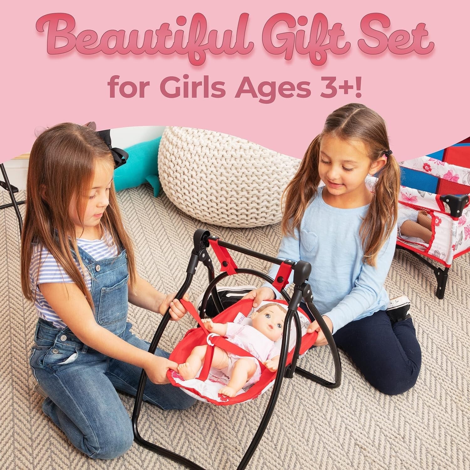 18-Inch Baby Doll Nursery Playset with Crib, Swing & High Chair - Gift-Ready