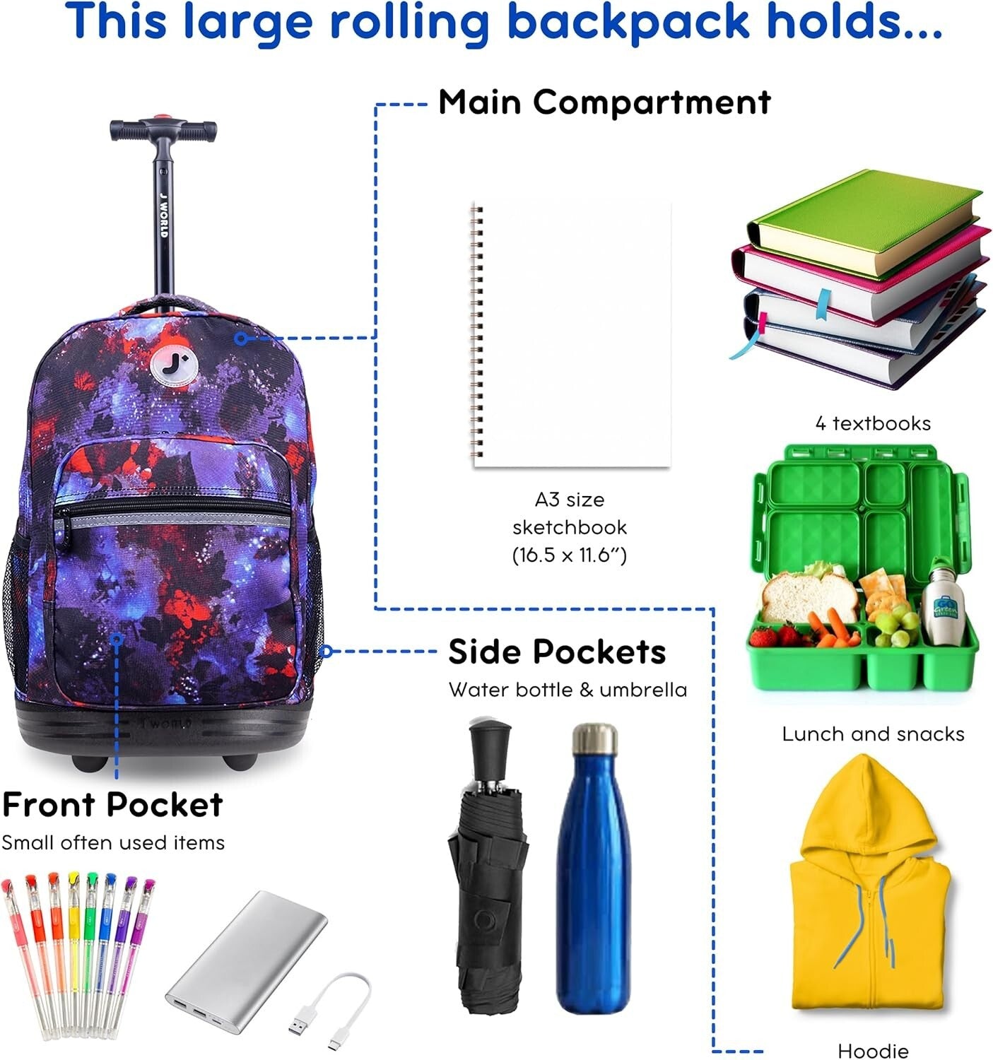 Durable 18" Rolling Backpack for Kids with Large Capacity & Organizer Pockets