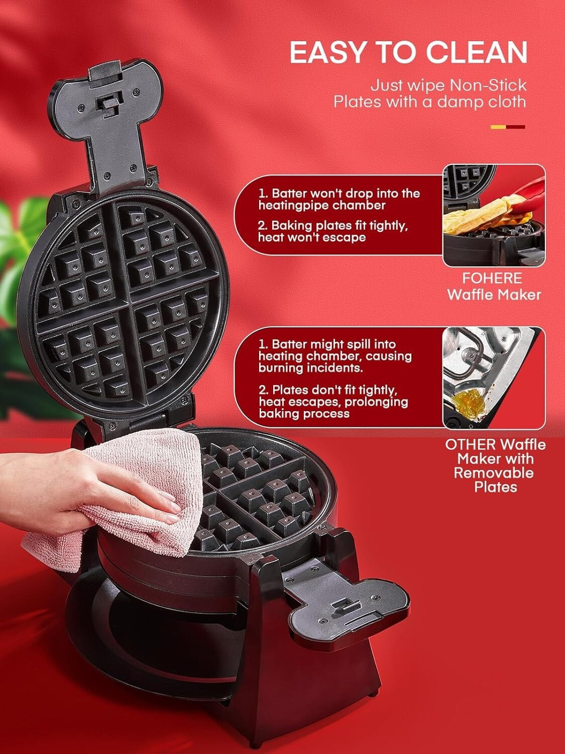 Double-Sided 180° Flip Waffle Maker - Nonstick Plates & Removable Drip Tray