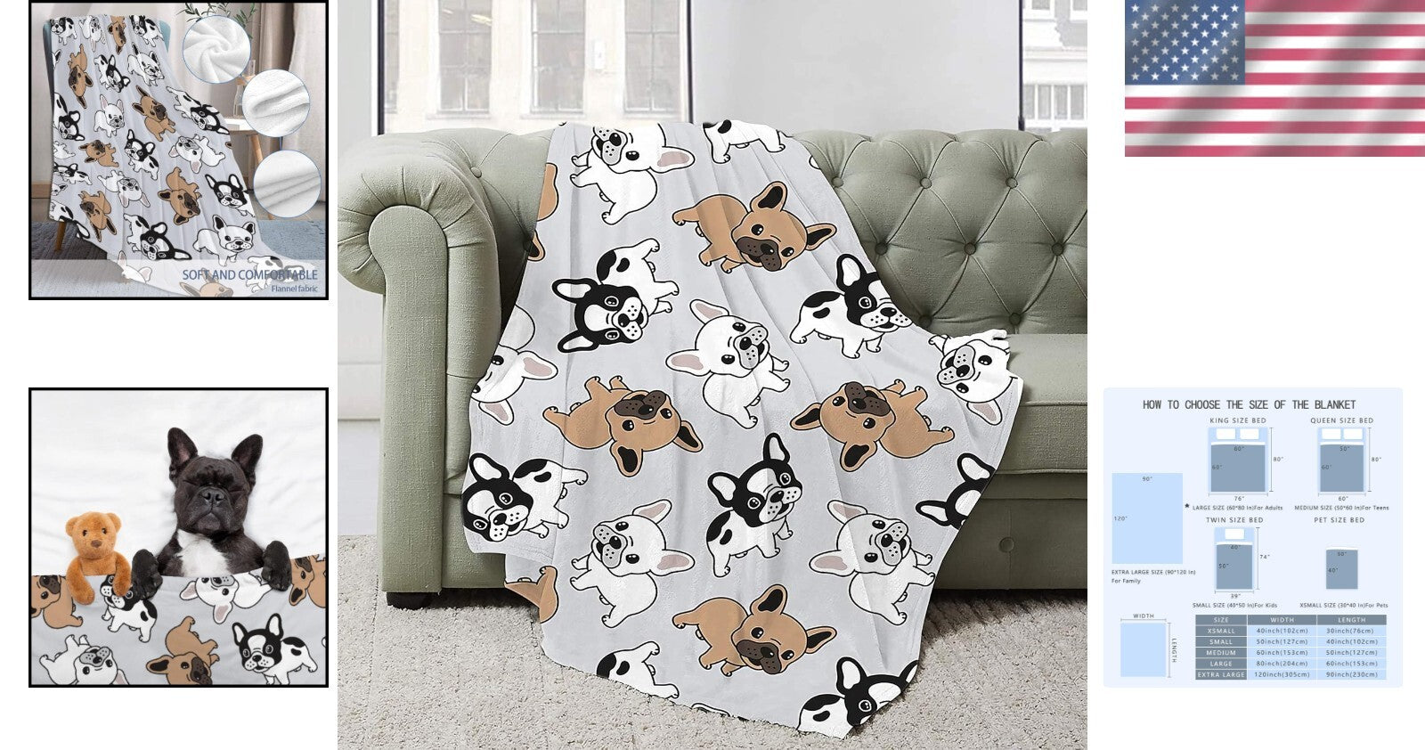 Cute Animal Print Blanket - French Bulldog Flannel Throw for All Seasons 60"x50"