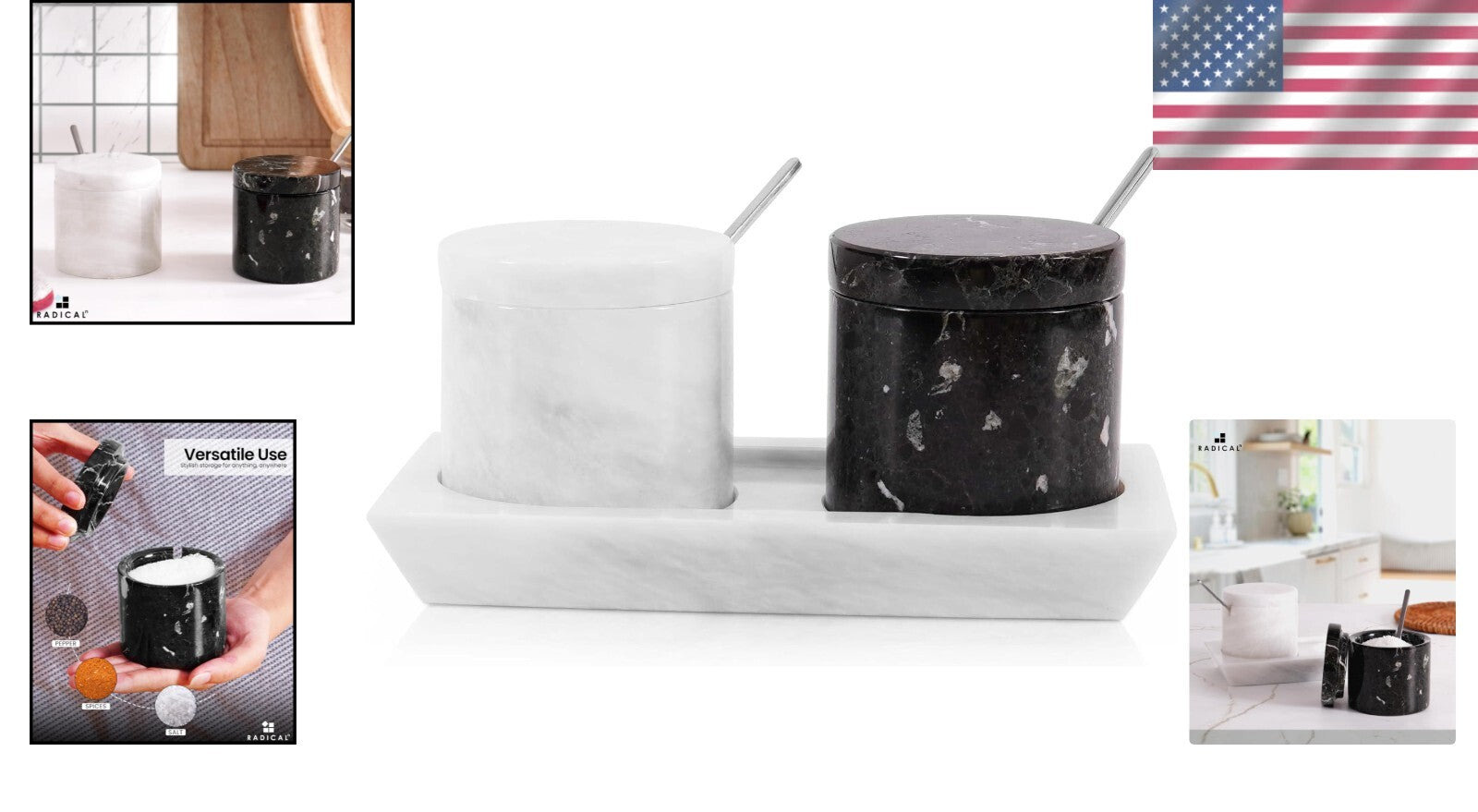 Luxurious Handmade Marble Salt & Spice Cellar Set with Tray - Gift-Ready Design