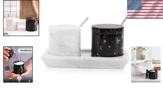 Luxurious Handmade Marble Salt & Spice Cellar Set with Tray - Gift-Ready Design