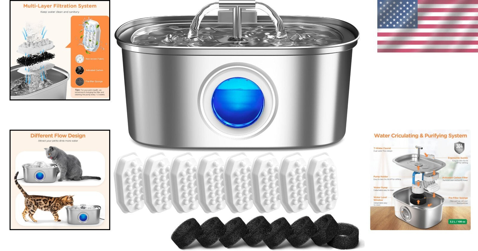 Ultra-Quiet 3.2L Cat & Dog Water Fountain with Filtration and Water Level Window