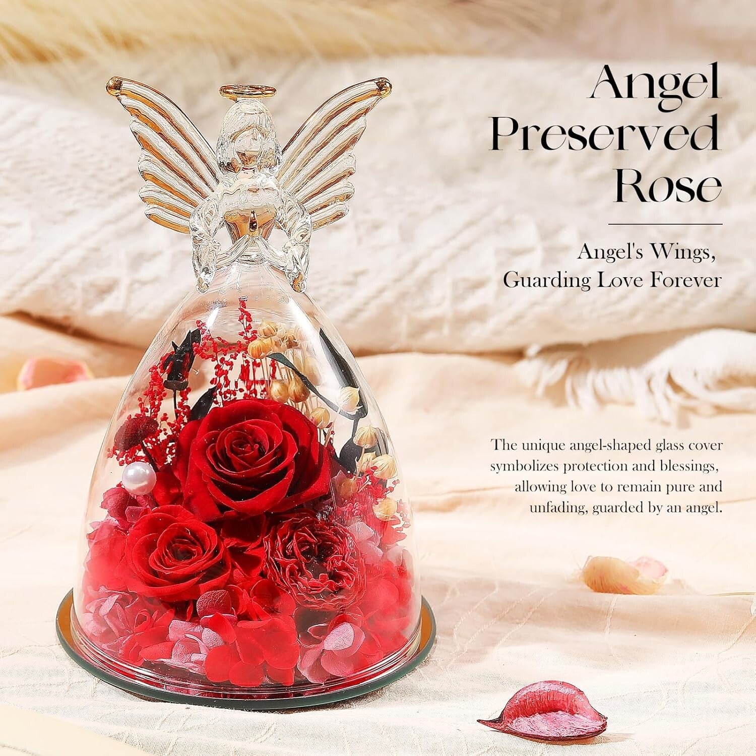 Chic Preserved Rose and Glass Angel Figurine - Timeless Gift for Loved Ones