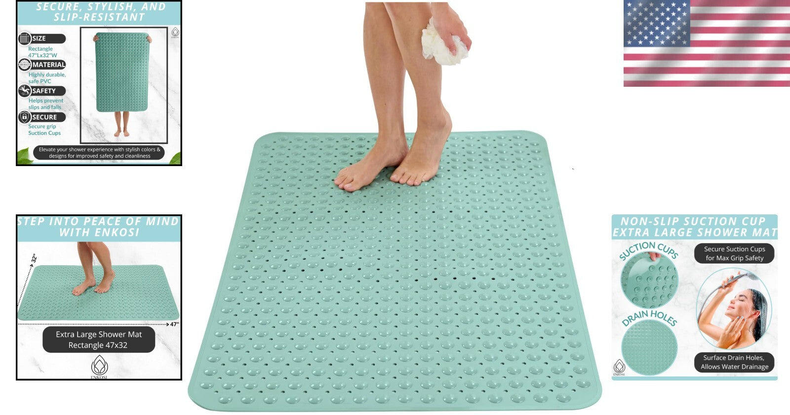 Extra Large Non-Slip Shower Mat 47 x 32 - Aqua Green Bath Safety Solution