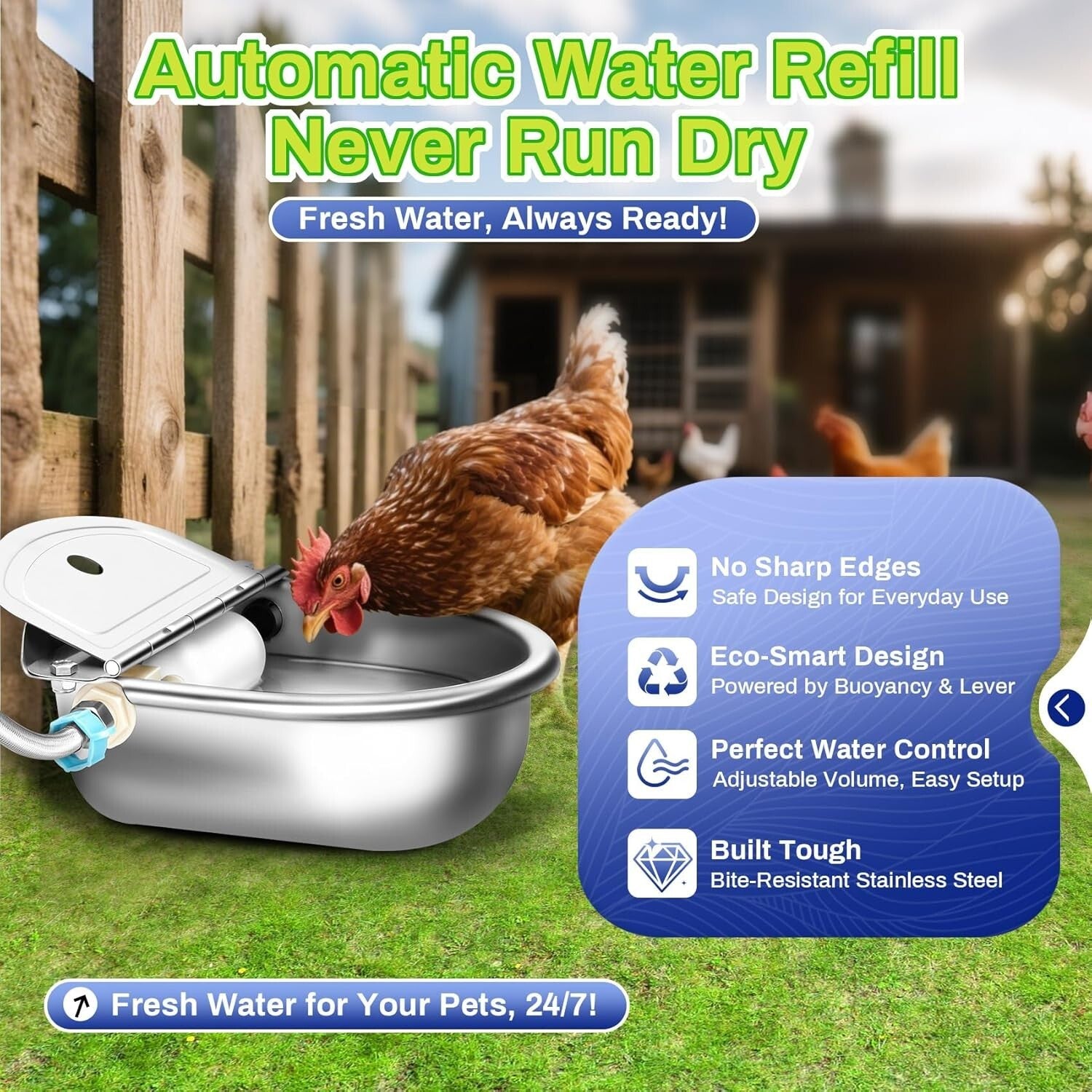 2.5L Auto-Filling Stainless Steel Water Bowl Kit for Farm Animals - Complete Set