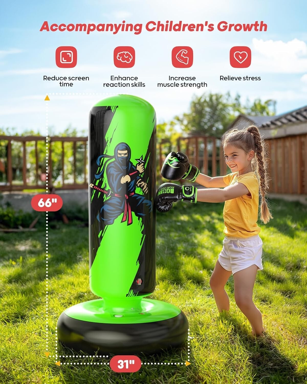 Kids Inflatable Punching Bag - Durable 66-Inch Boxing Set with Gloves & Pump