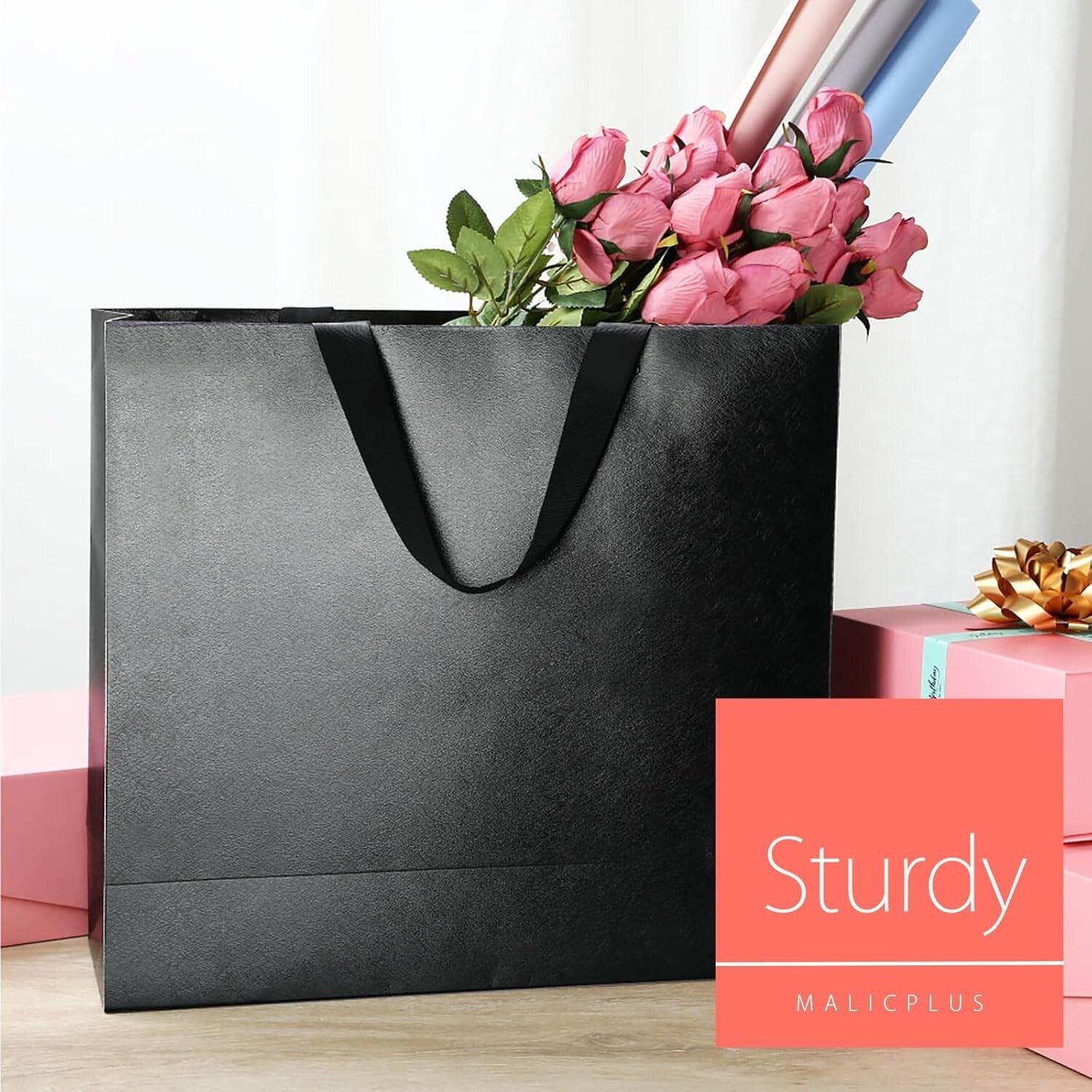 Elegant 12 Set of Embossed Black Gift Bags - Large 17.5x6x16 for Special Events