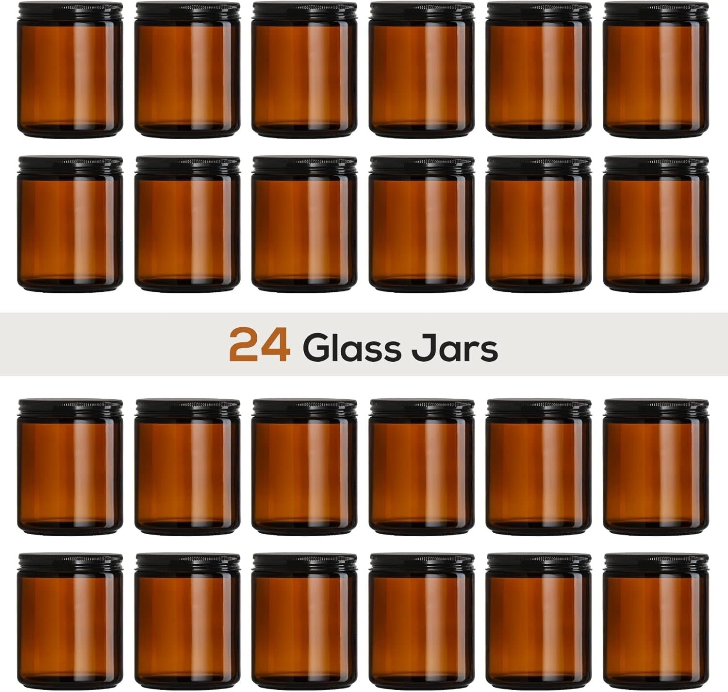 24-Pack Amber Glass Jars with Airtight Black Lids - Perfect for Candle Making