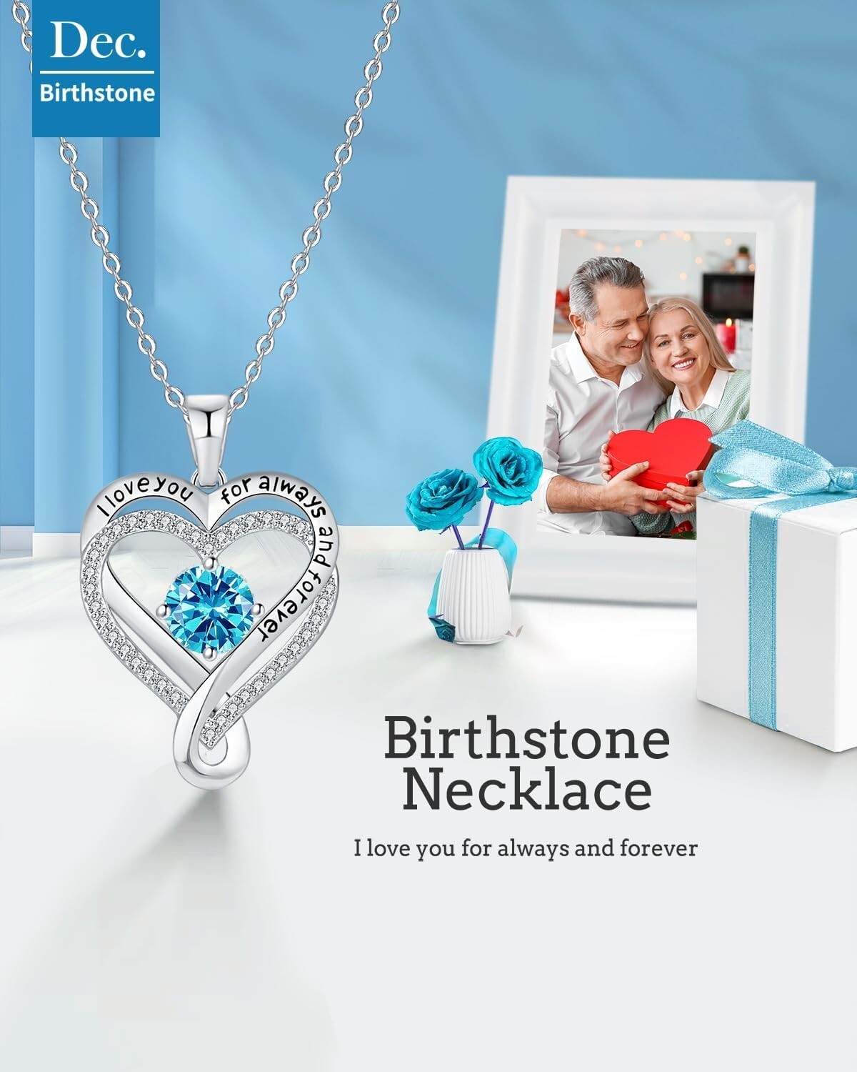 Engraved 'I Love You Forever' Necklace with Cubic Zirconia & Birthstones for Her