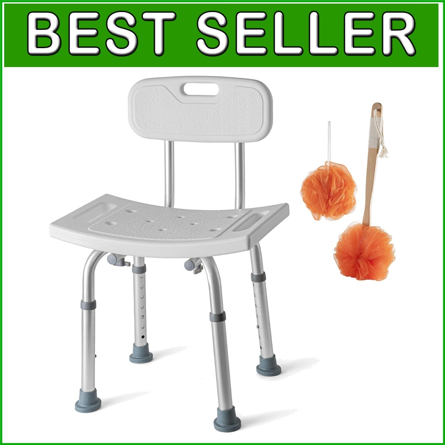 Adjustable Shower Chair Set of 3 - Includes Back Scrubber & Anti-Slip Safety