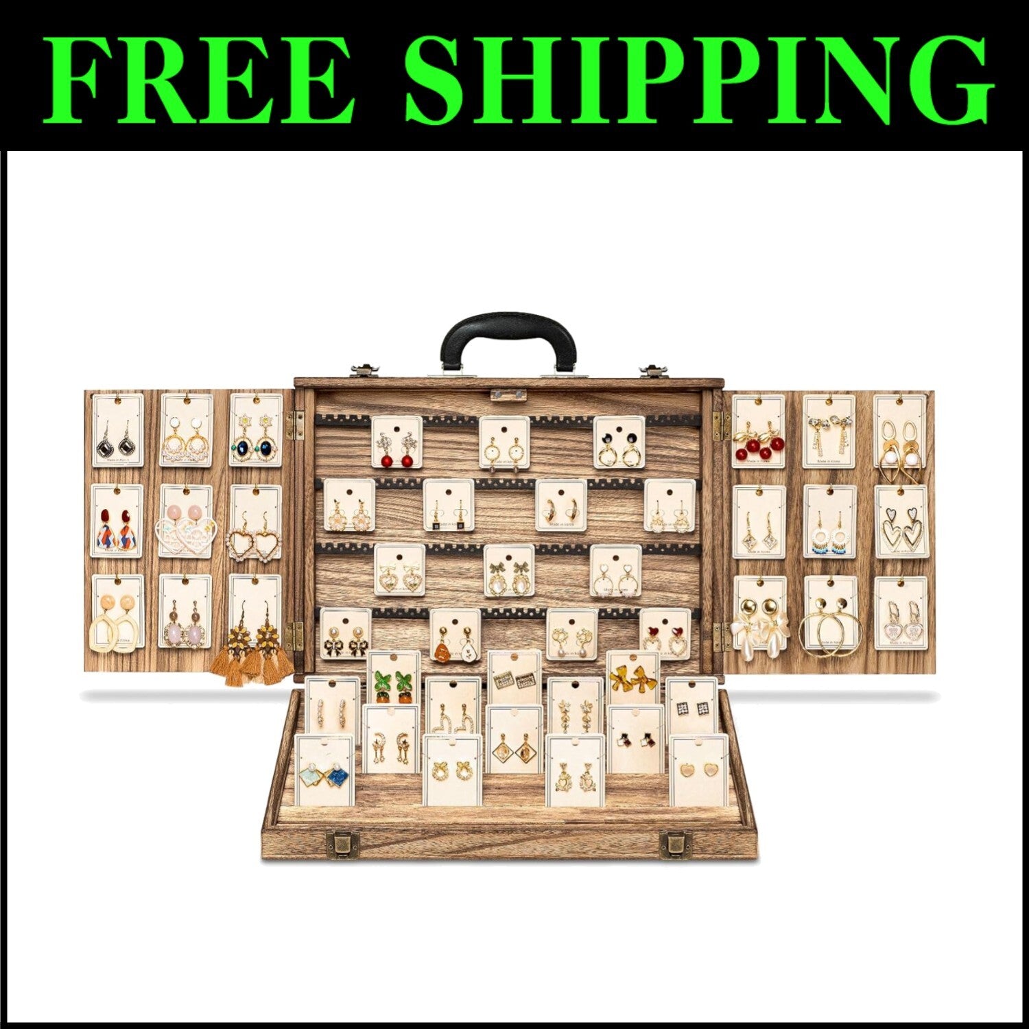 Portable Wood Jewelry Case - Elegant Display for Bracelets, Earrings, Necklaces