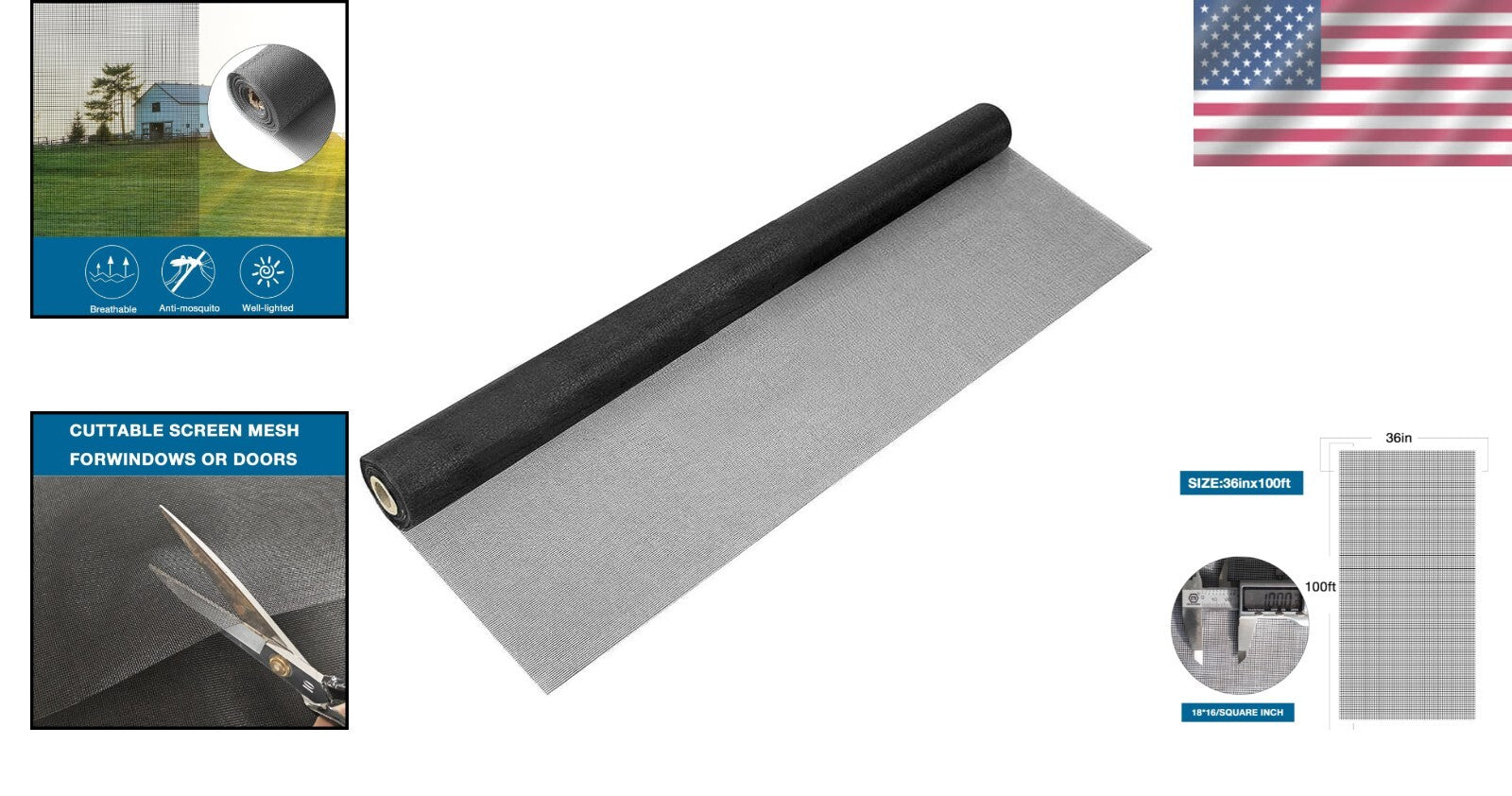 Flexible 36" x 100' Black Fiberglass Window Screen - Customizable Bug Prevention