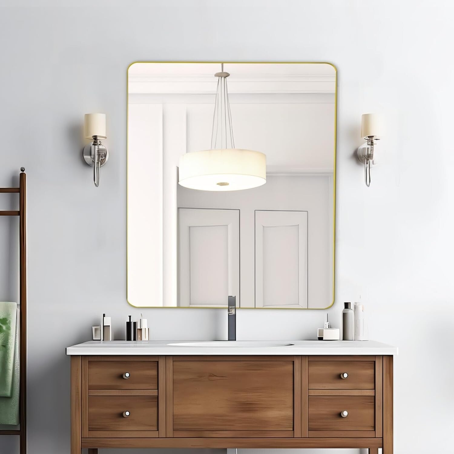 Sophisticated Gold Rectangular Mirror 36 x 30, Wall-Mounted or Leaned, Anti-Rust