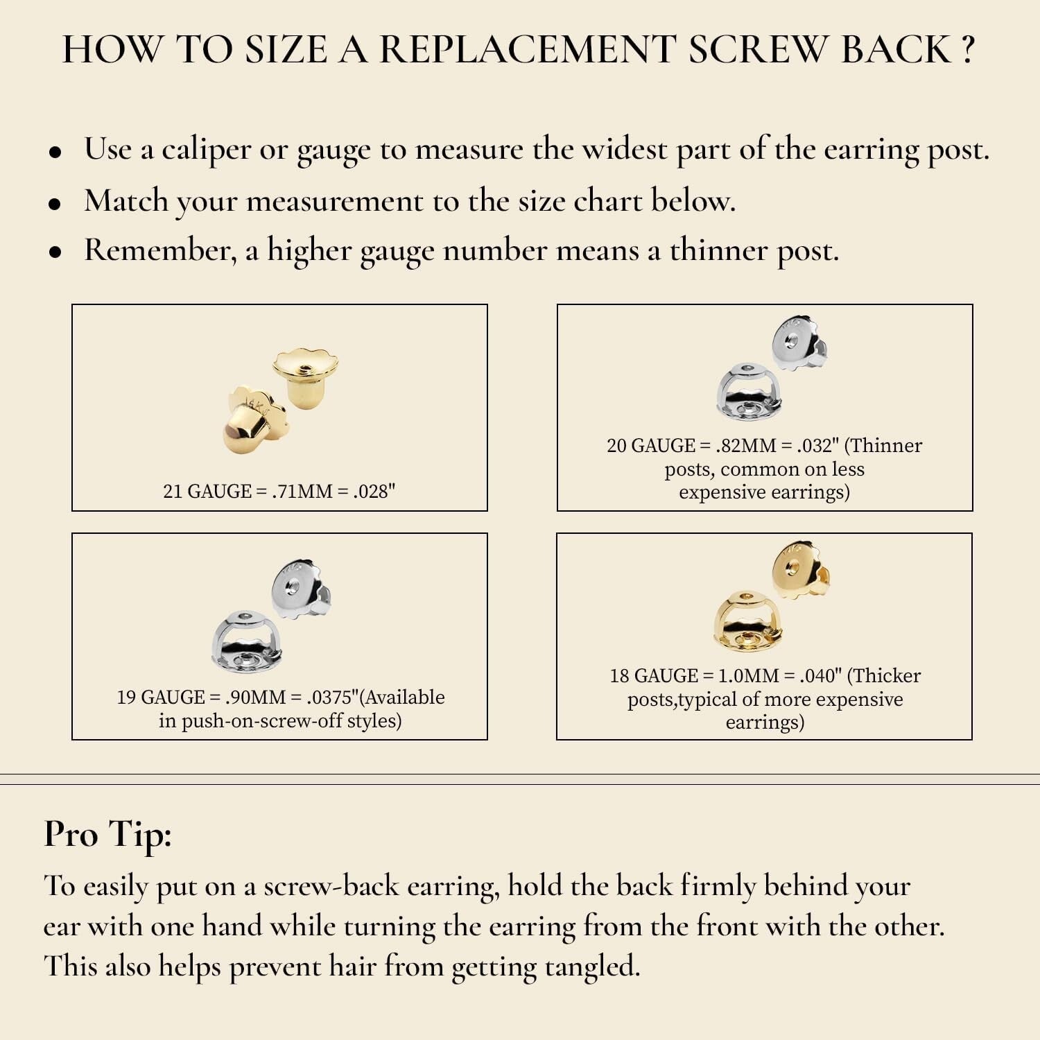 Threaded 14K Yellow Gold Earring Back, Polished & Skin-Safe - 0.040" Post