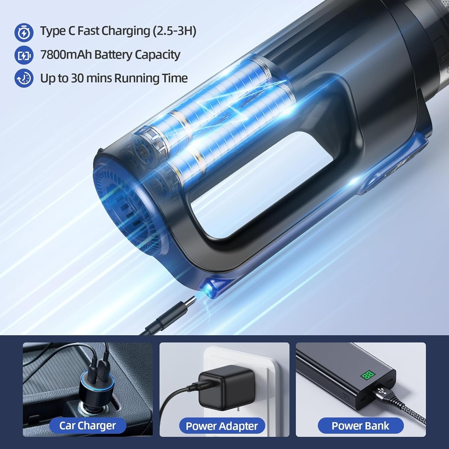 Quiet & Efficient Cordless Car Vacuum, 7800mAh Battery – Pet Hair Solution