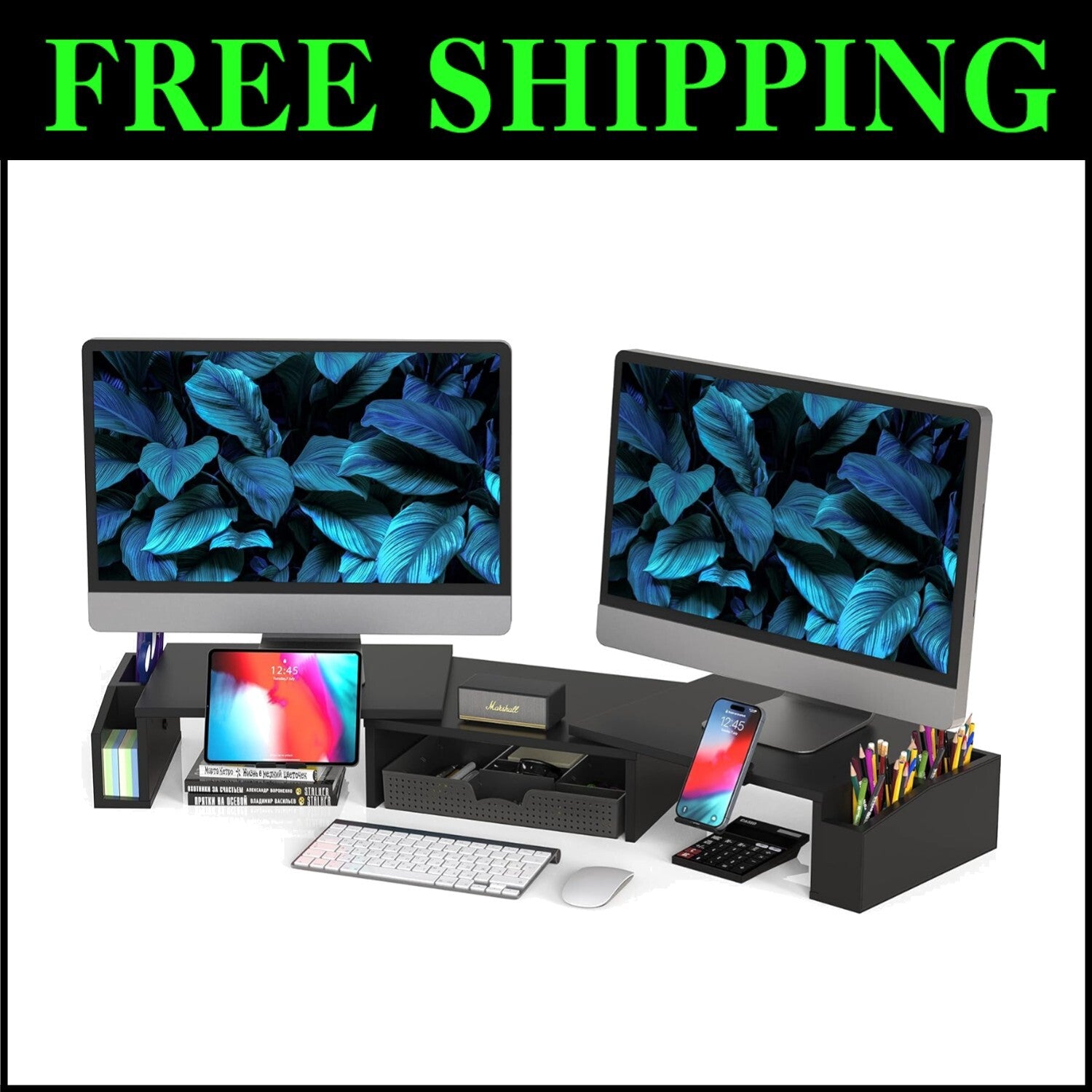 Multi-Functional Black Monitor Stand with Sliding Drawer & Organizers for Desks